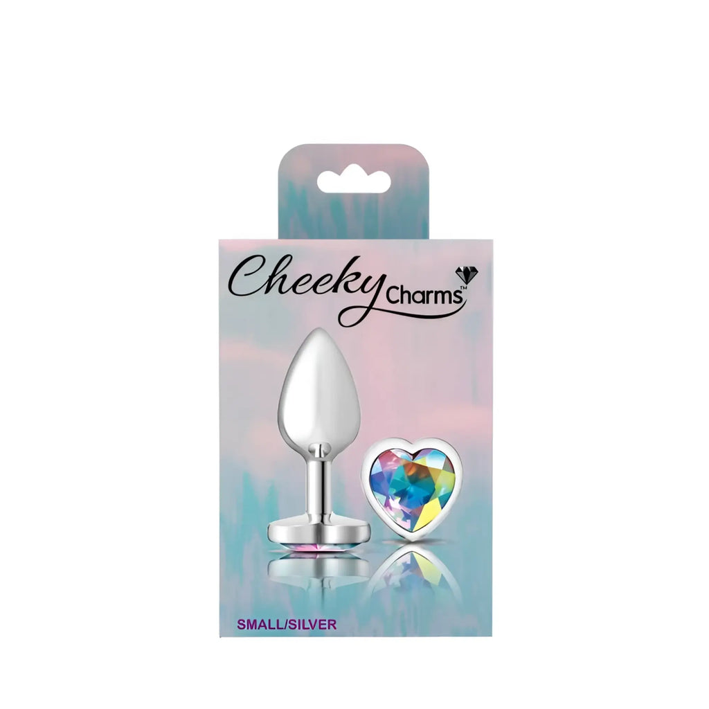 Silver metal butt plug by cheeky charms with smooth teardrop head and rounded base featuring heart clear jewel