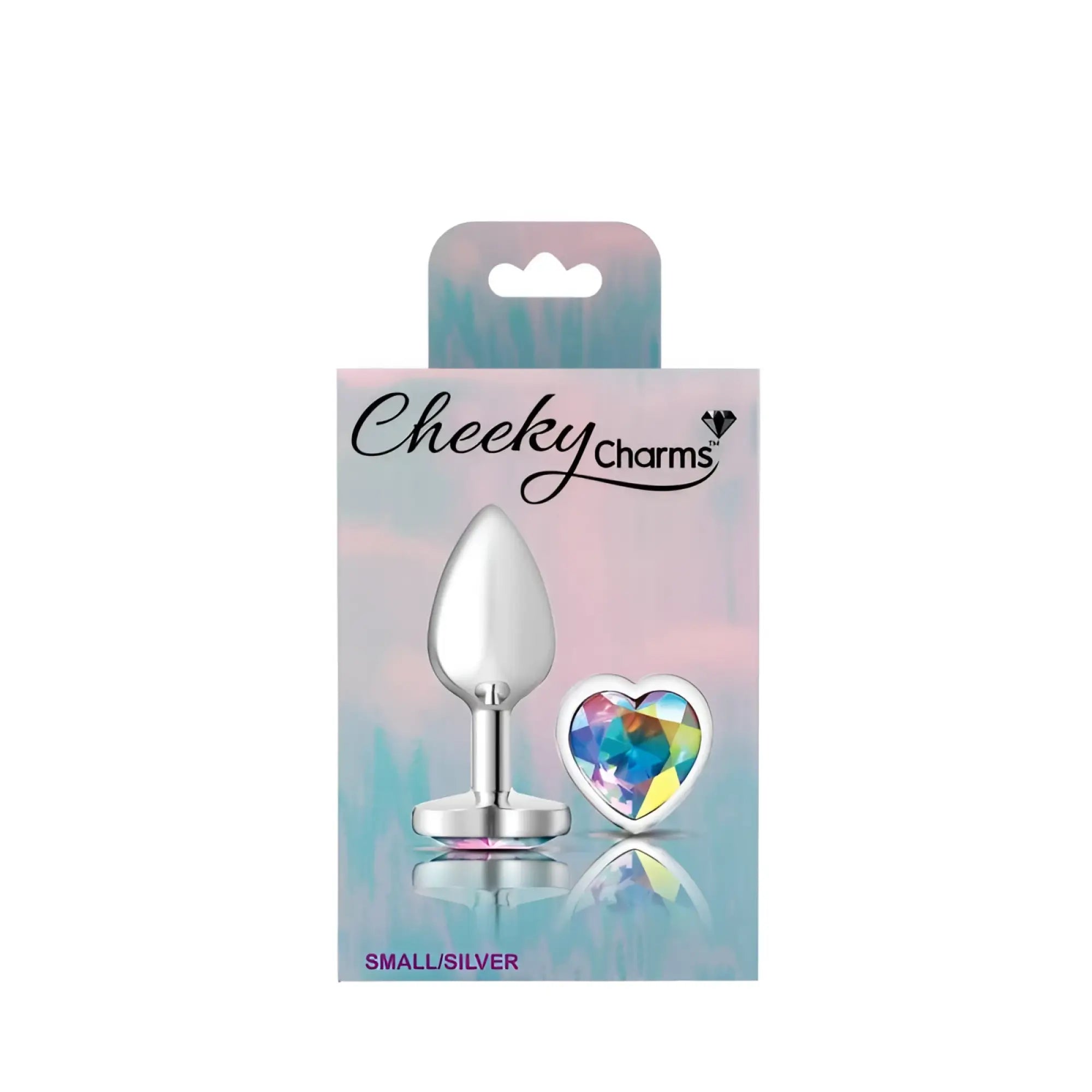 Silver metal butt plug by cheeky charms with smooth teardrop head and rounded base featuring heart clear jewel