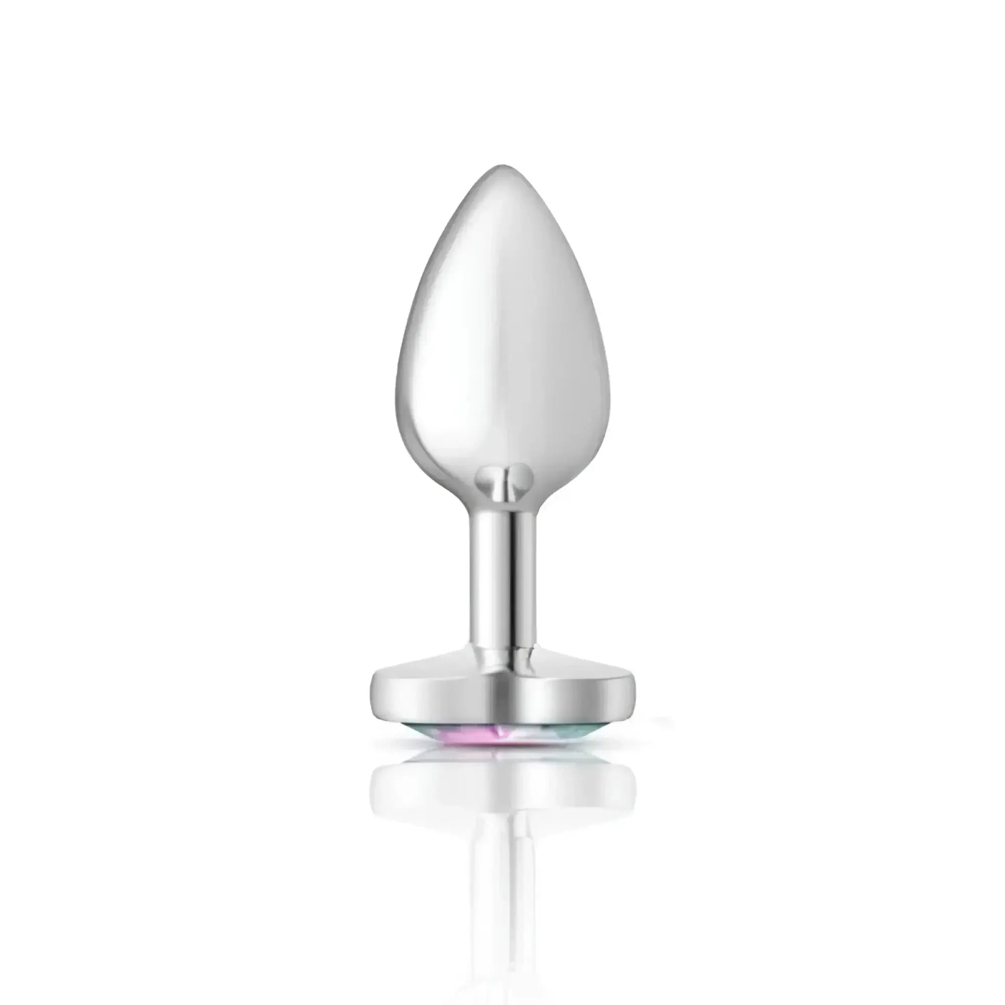 Silver-plated Cheeky Charms butt plug with teardrop-shaped head and flat base featuring clear heart jewel small size