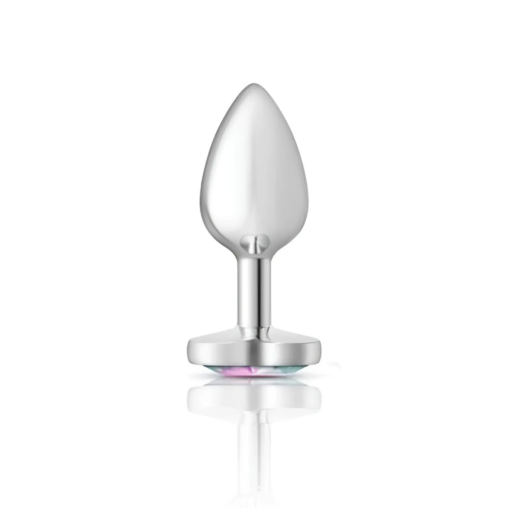 Silver-plated Cheeky Charms butt plug with teardrop-shaped head and flat base featuring clear heart jewel small size