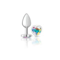 Silver-plated small butt plug with teardrop head and rainbow iridescent heart-shaped crystal charm by cheeky charms