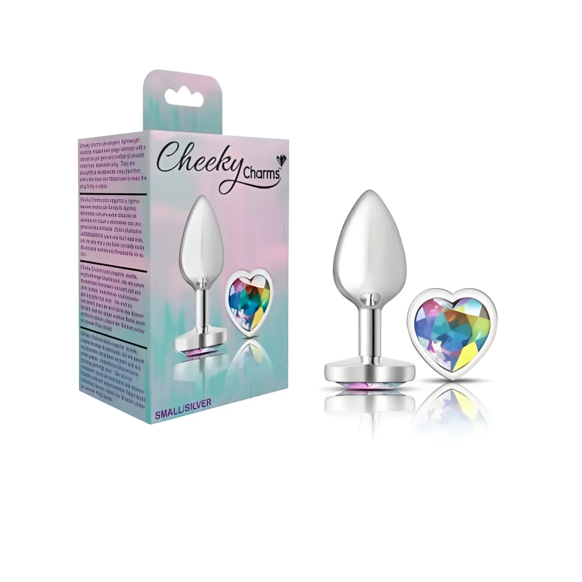 Cheeky charms silver metal butt plug with silver heart shaped charm and rainbow colored gemstone insert small
