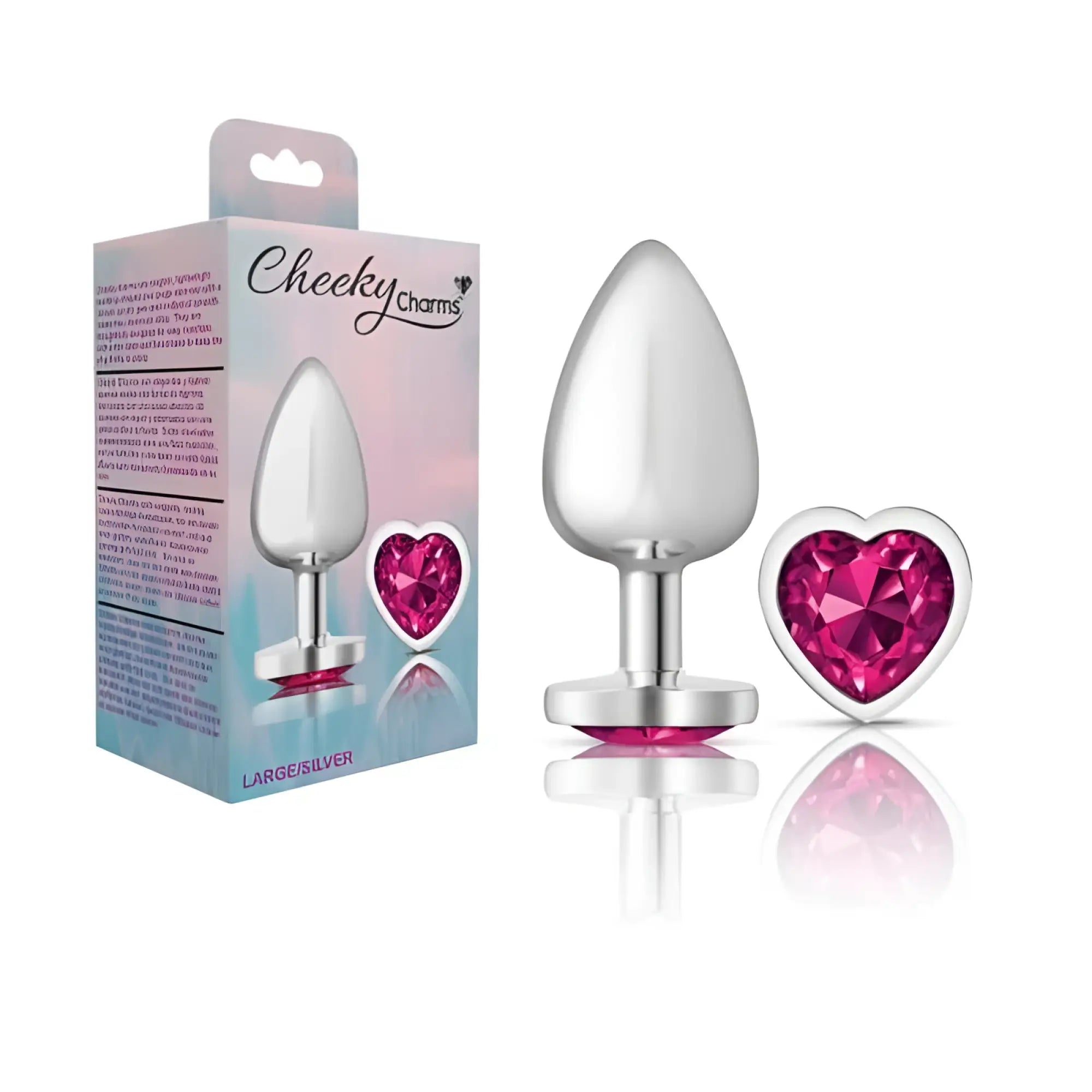 Silver-plated large anal plug with heart-shaped pink gemstone charm from cheeky charms collection