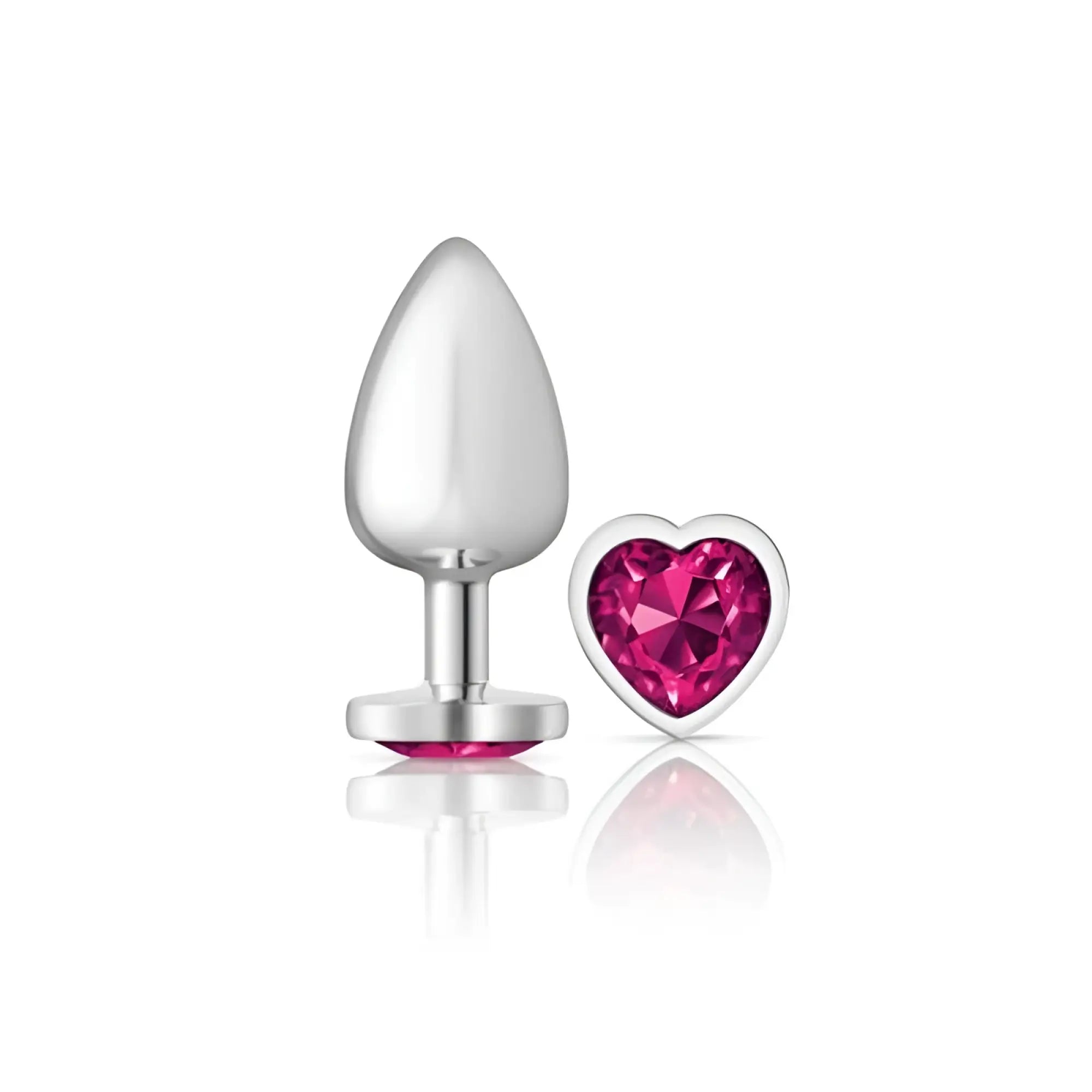 Silver-plated large cheeky charms butt plug with teardrop head and pink heart-shaped gemstone insert
