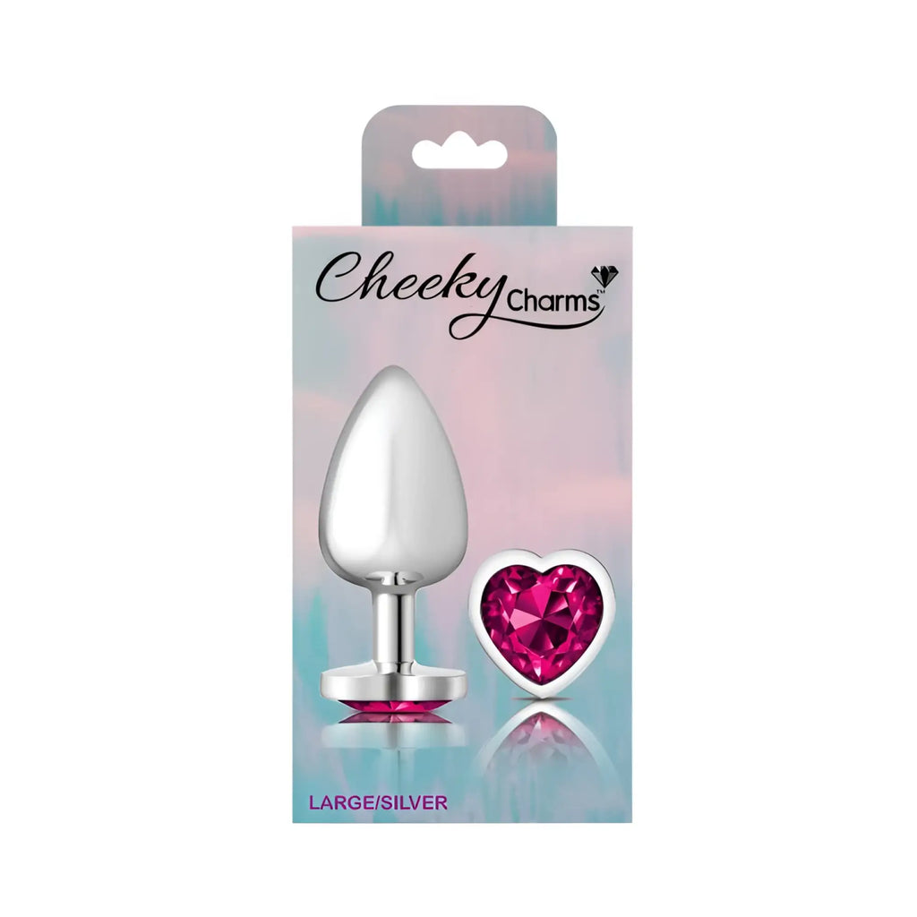 Silver metal teardrop-shaped butt plug with a matching heart-shaped pink jewel charm from Cheeky Charms large size