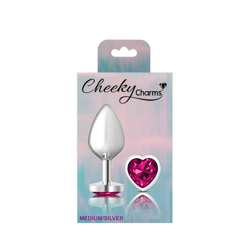 Cheeky Charms silver metal medium butt plug with a heart-shaped pink jewel accent for intimate use