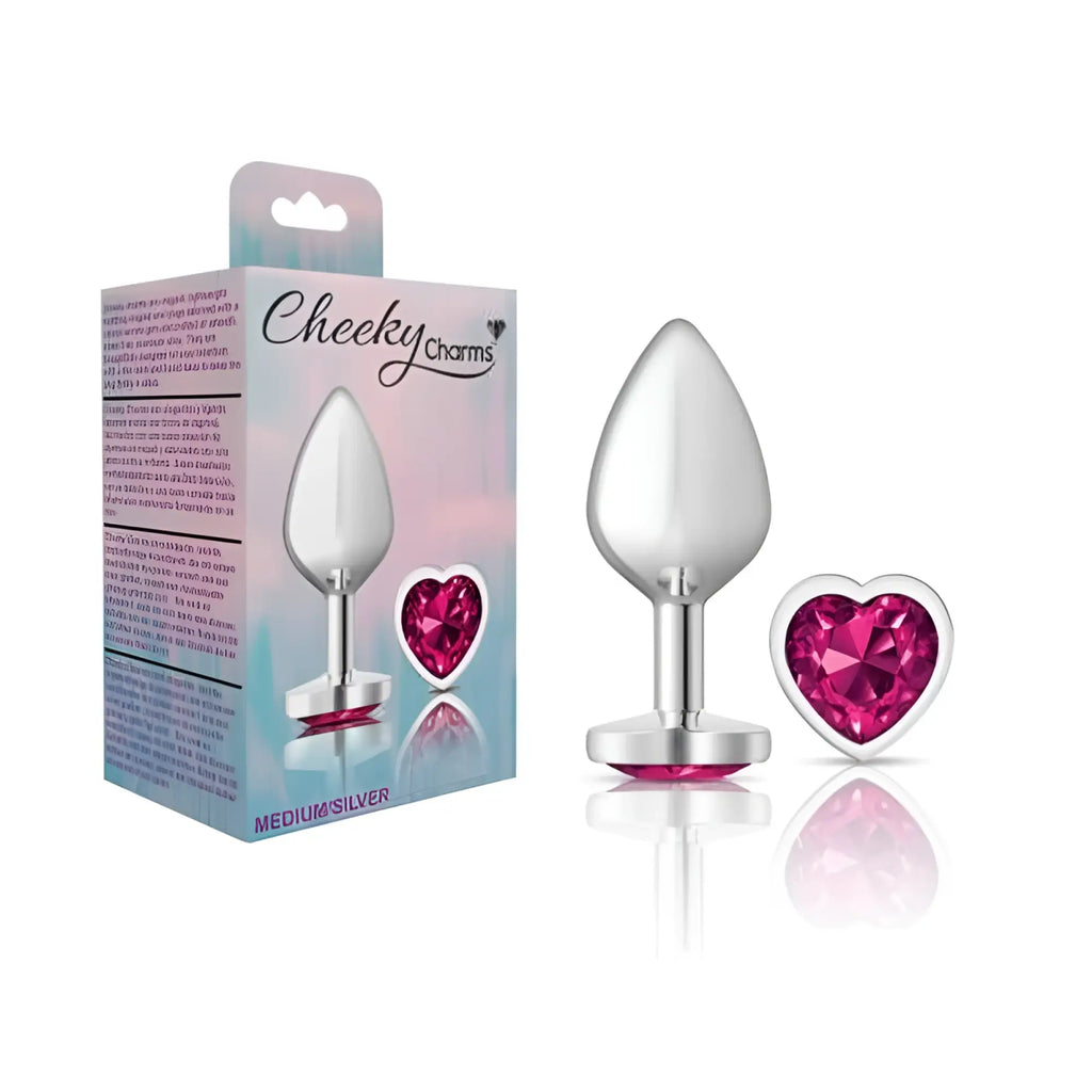 Cheeky Charms silver metal medium anal plug with heart-shaped pink jewel accent for intimate use