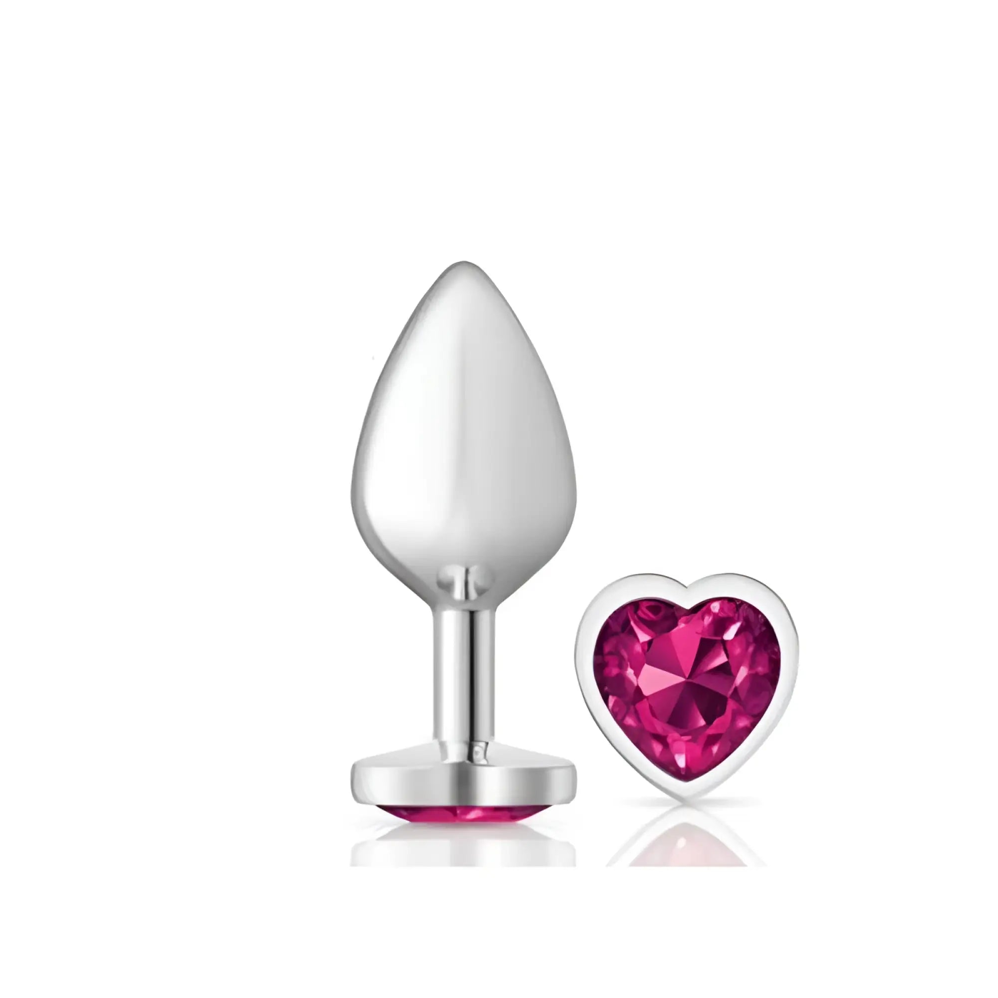 Silver-plated medium butt plug with heart-shaped pink ruby jewel accent from cheeky charms collection