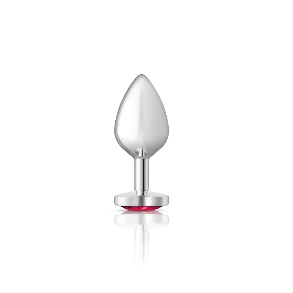 Cheeky Charms silver metal butt plug with teardrop head and red heart gemstone accent at the base medium size