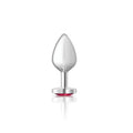 Cheeky Charms silver metal butt plug with teardrop head and red heart gemstone accent at the base medium size