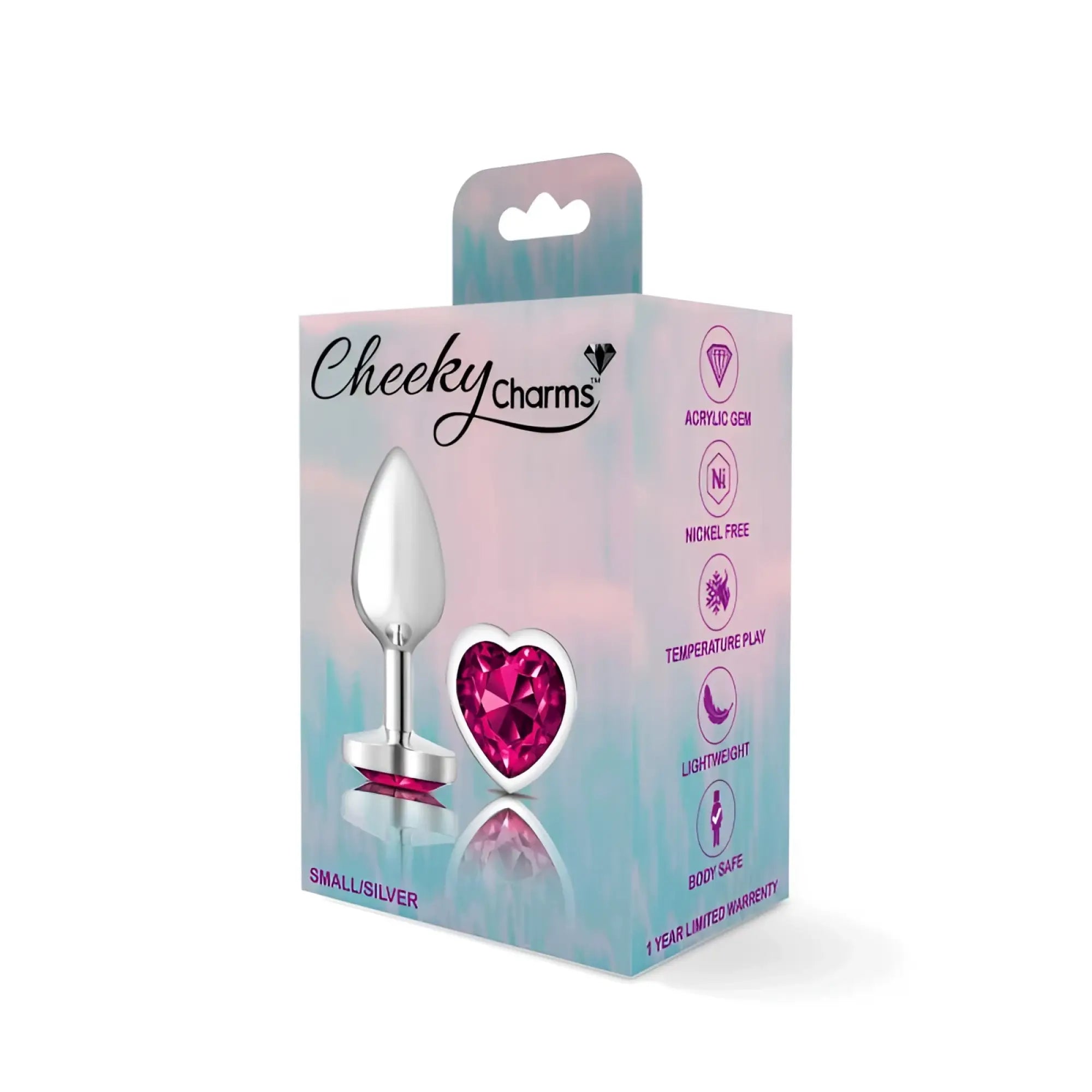 Silver metal cheeky charms small anal plug with sleek design and pink heart acrylic gemstone accent