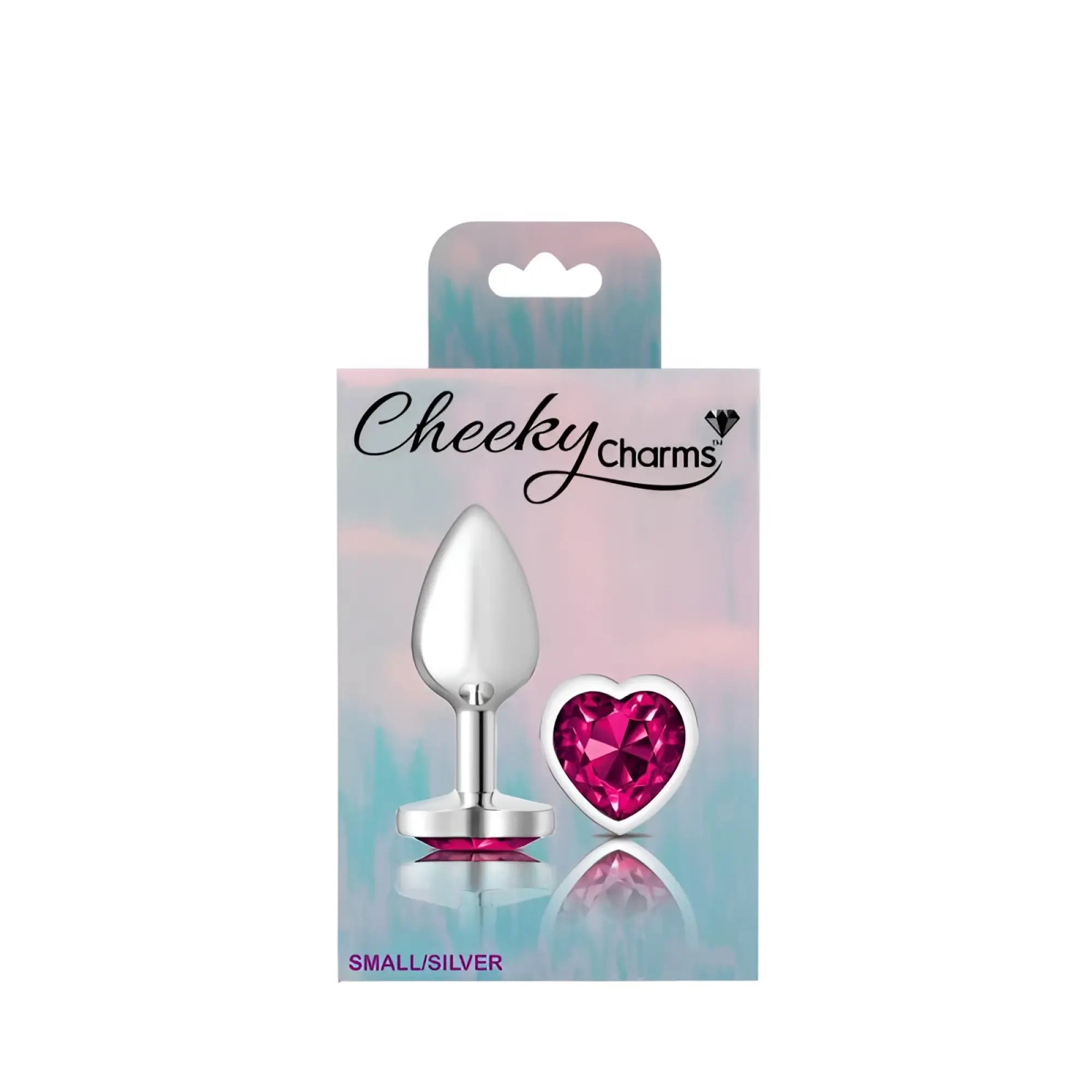 Silver metal small teardrop butt plug with a heart-shaped pink jewel charm from cheeky charms