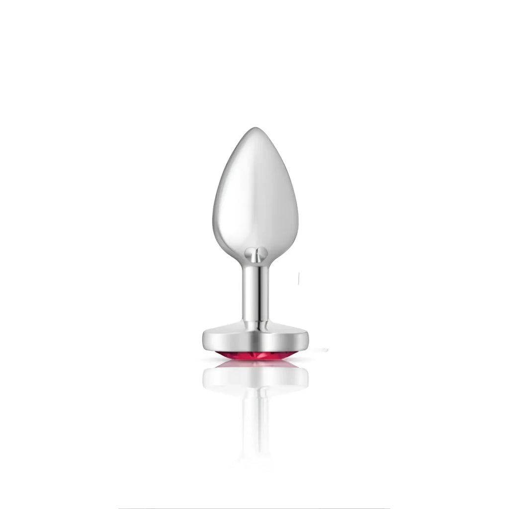 Cheeky Charms silver metal butt plug small with teardrop head and heart pink jewel accent at the base
