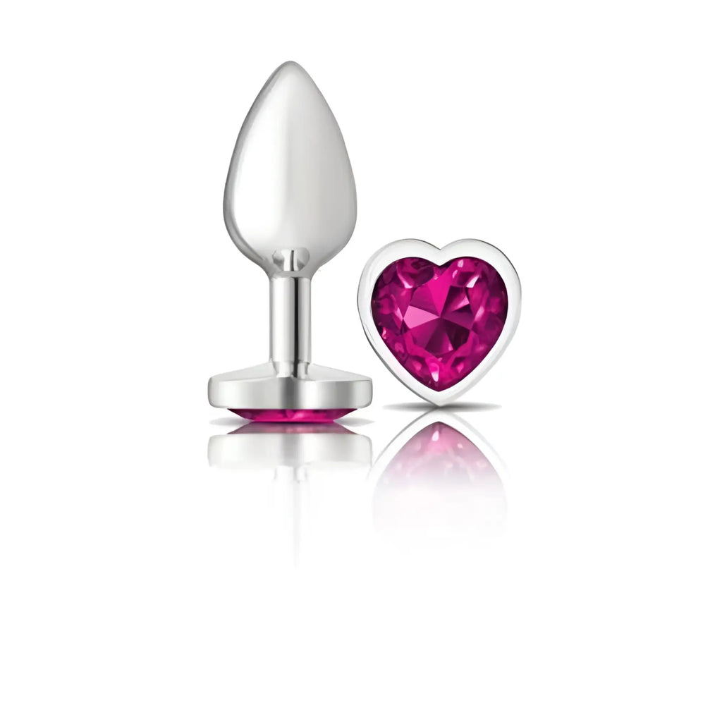 Cheeky charms silver-plated metal butt plug with vibrant fuchsia heart-shaped gemstone accent small size