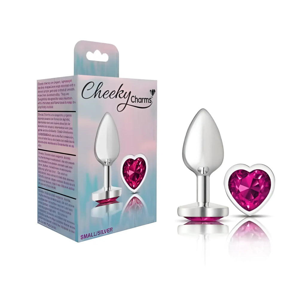 Silver-plated butt plug with a vibrant pink heart-shaped gemstone accent from cheeky charms small size