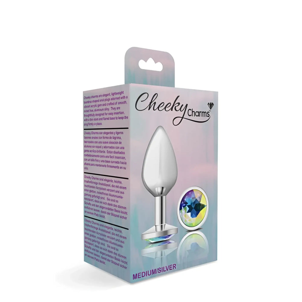 Cheeky Charms silver medium-sized anal plug with teardrop shape polished metal finish and clear iridescent jewel