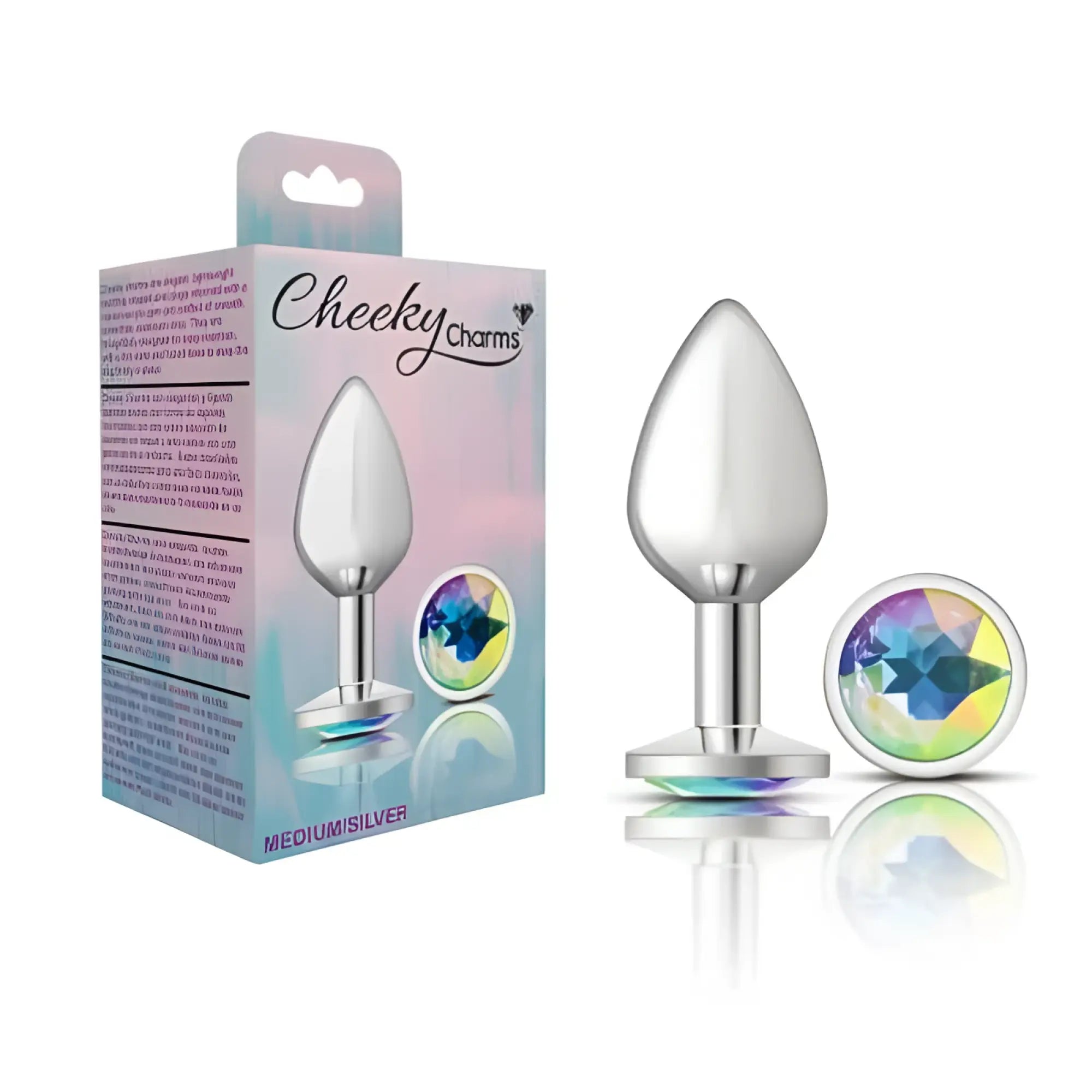 Silver medium anal plug with faceted rainbow-reflecting circular base from Cheeky Charms, large clear iridescent jewel