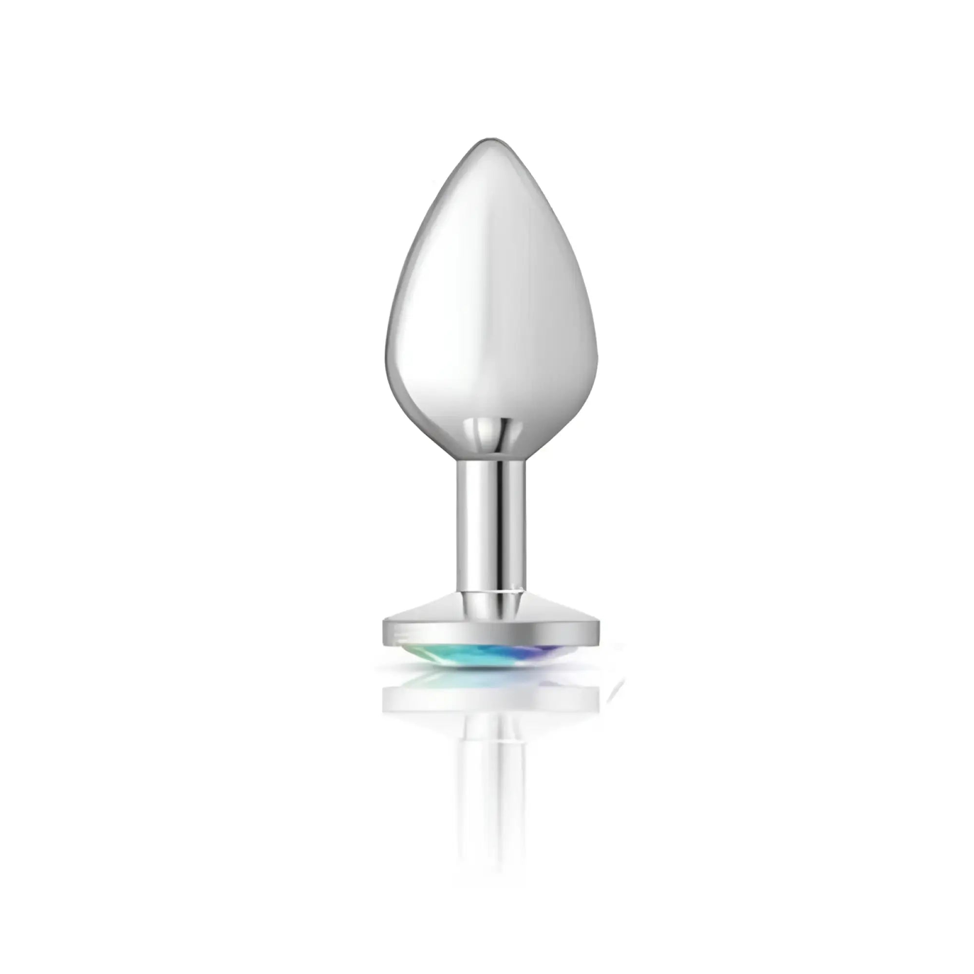 Cheeky Charms silver round butt plug with a teardrop head and iridescent flat base large size