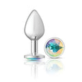 Shiny silver metallic cheeky charms large round butt plug with clear iridescent jewel cap