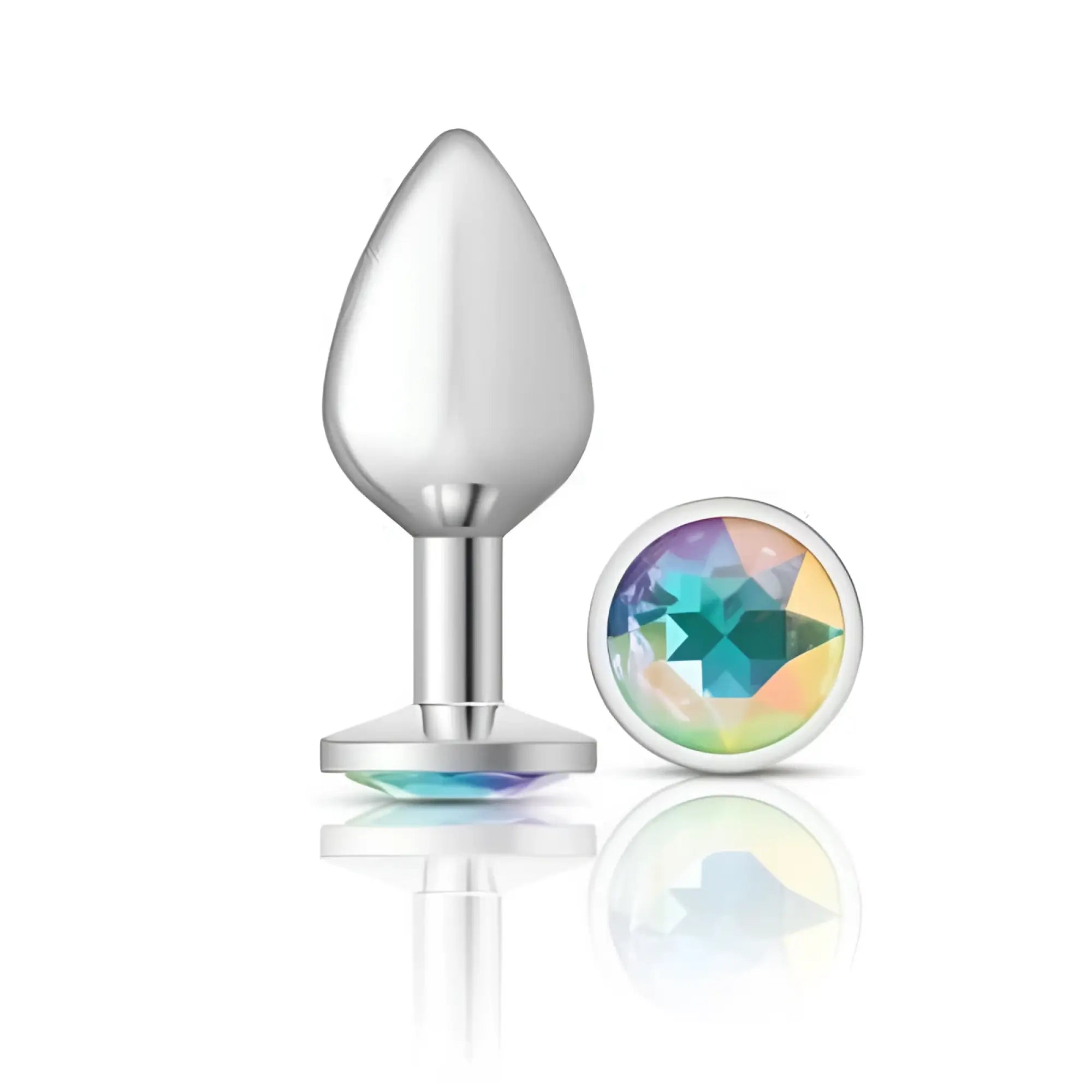 Shiny silver metallic cheeky charms large round butt plug with clear iridescent jewel cap