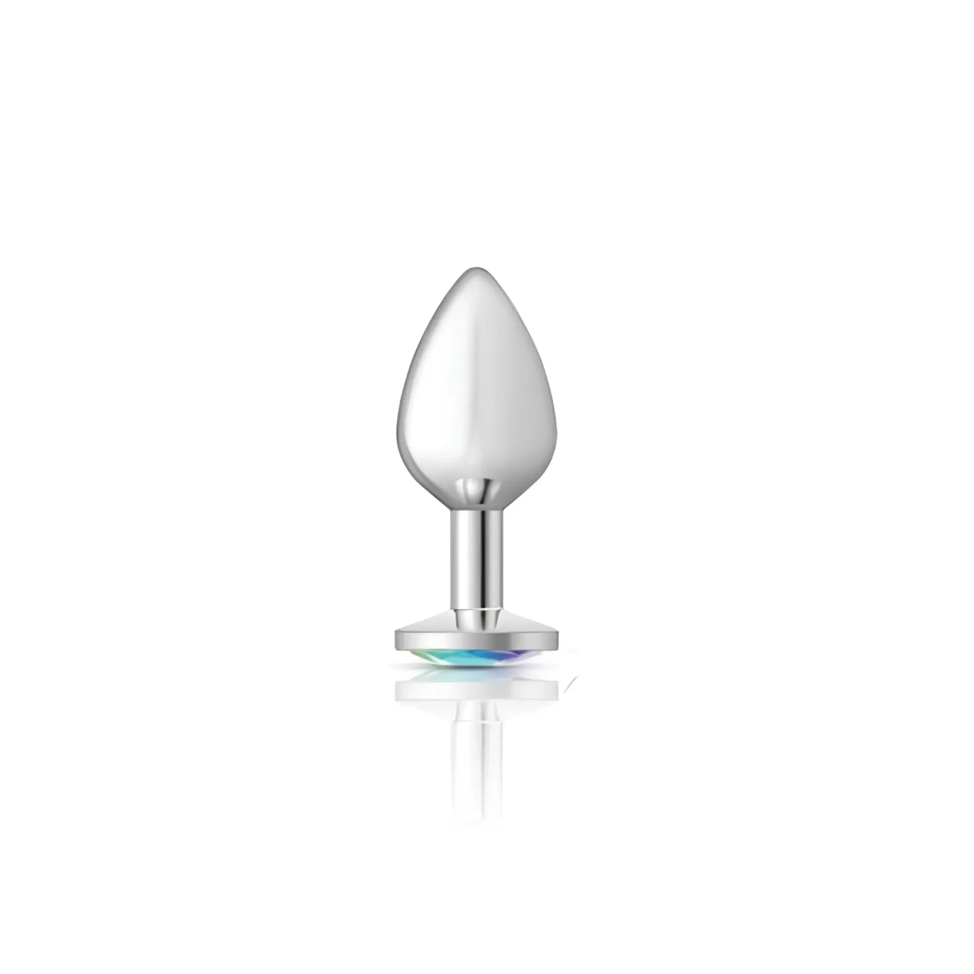 Cheeky Charms silver round medium butt plug with smooth teardrop head and clear iridescent jewel flat base