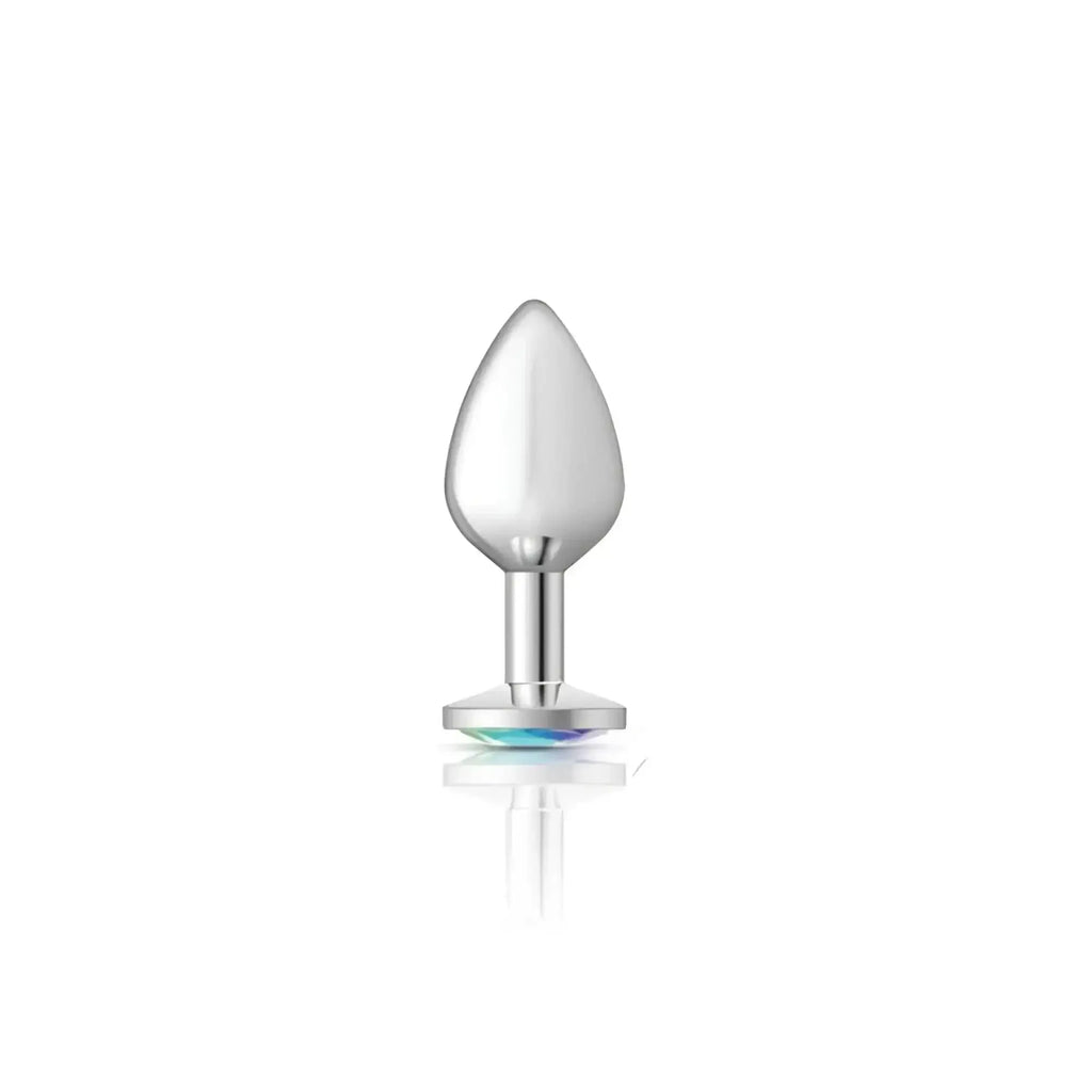 Cheeky Charms silver round medium butt plug with smooth teardrop head and clear iridescent jewel flat base