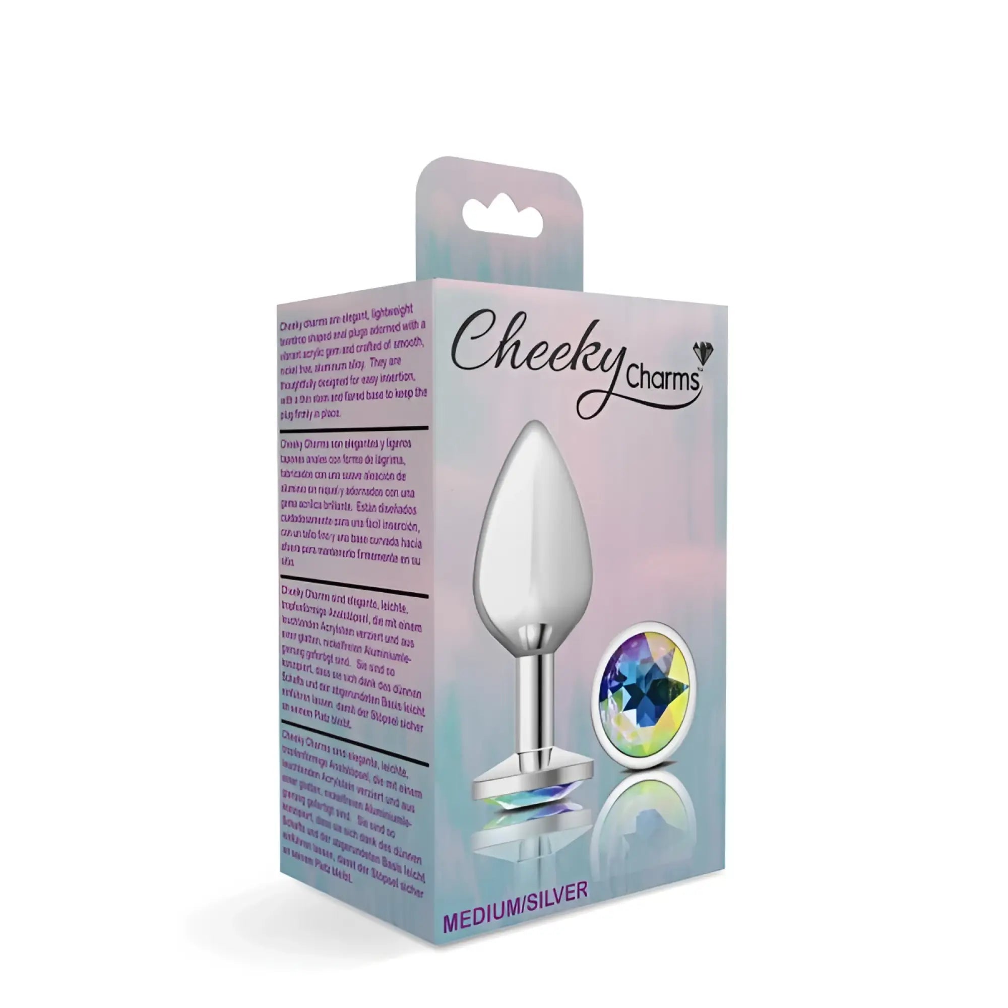 Silver medium-sized cheeky charms anal plug with teardrop shape polished metallic finish and clear iridescent jewel