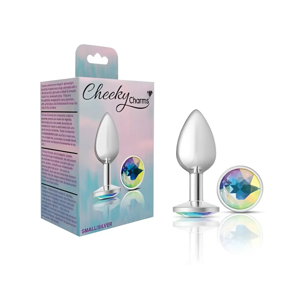 Cheeky charms silver round small butt plug with a clear iridescent jewel and metallic finish