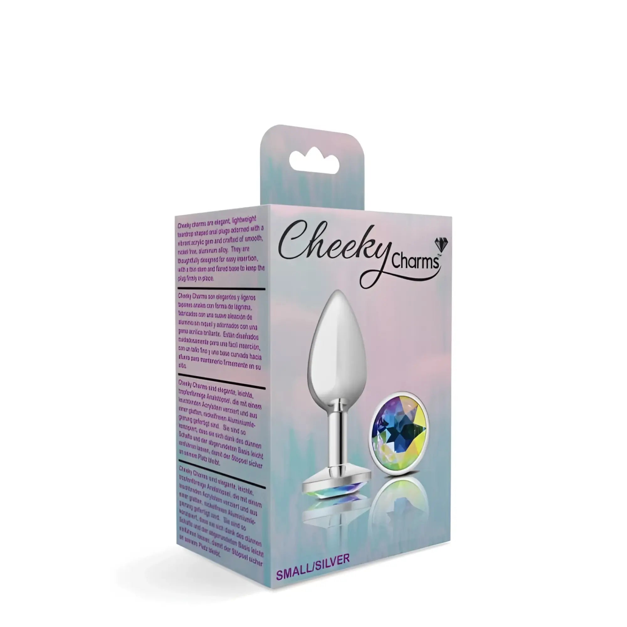 Silver metallic Cheeky Charms small round anal plug with smooth teardrop body and clear iridescent jeweled base
