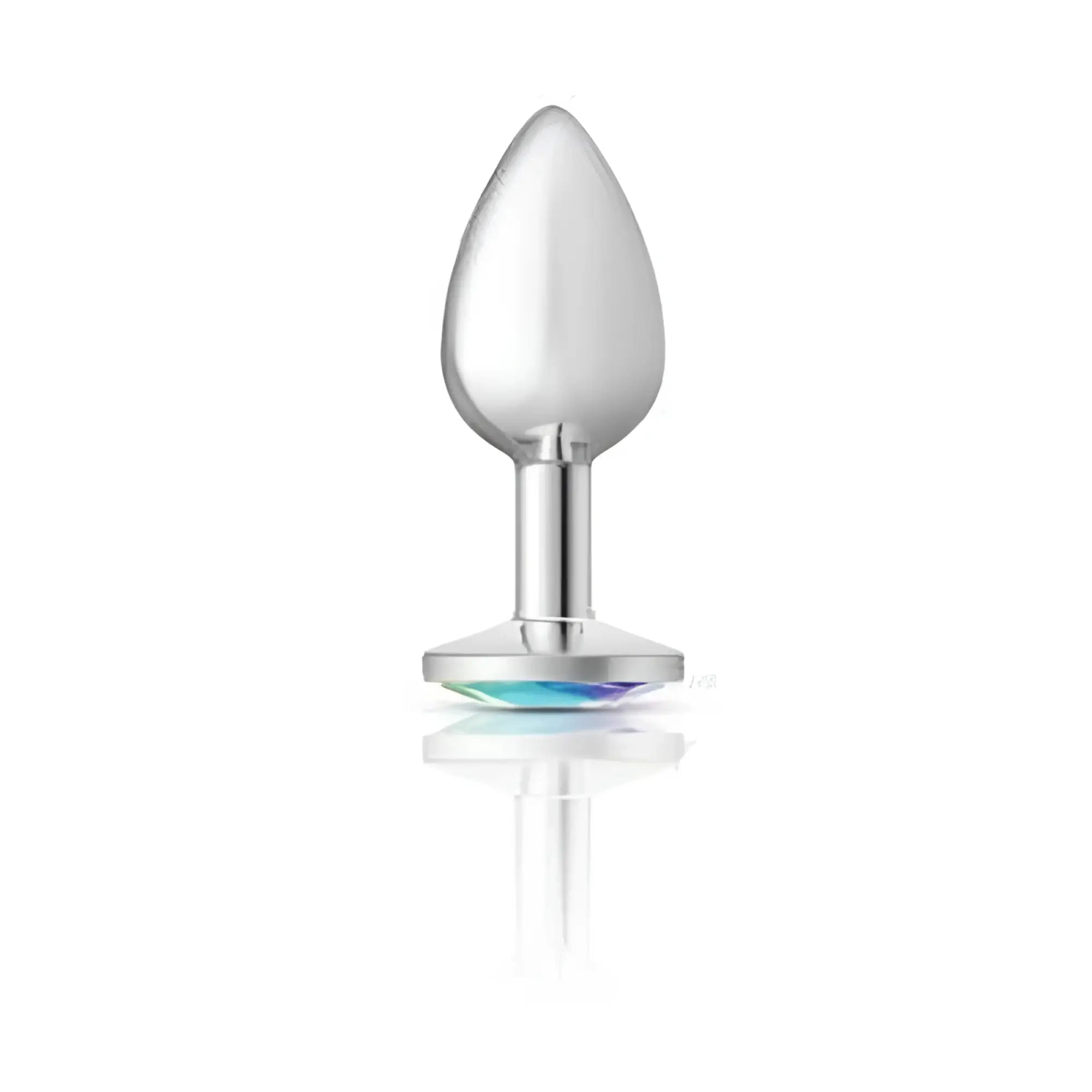 Cheeky Charms silver round butt plug with a silver-plated teardrop head and iridescent rainbow flat base small size