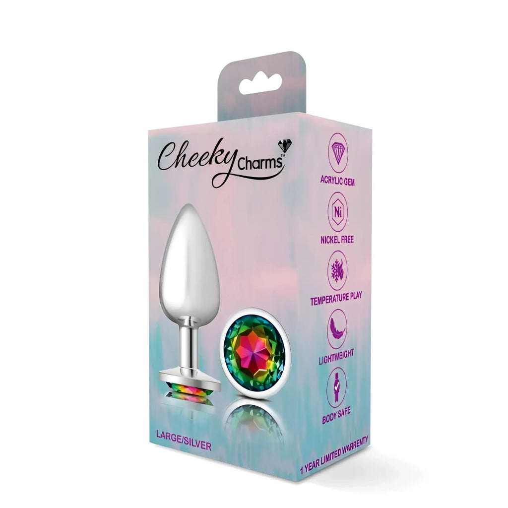 Cheeky Charms silver round large acrylic butt plug with colorful faceted rainbow jewel design