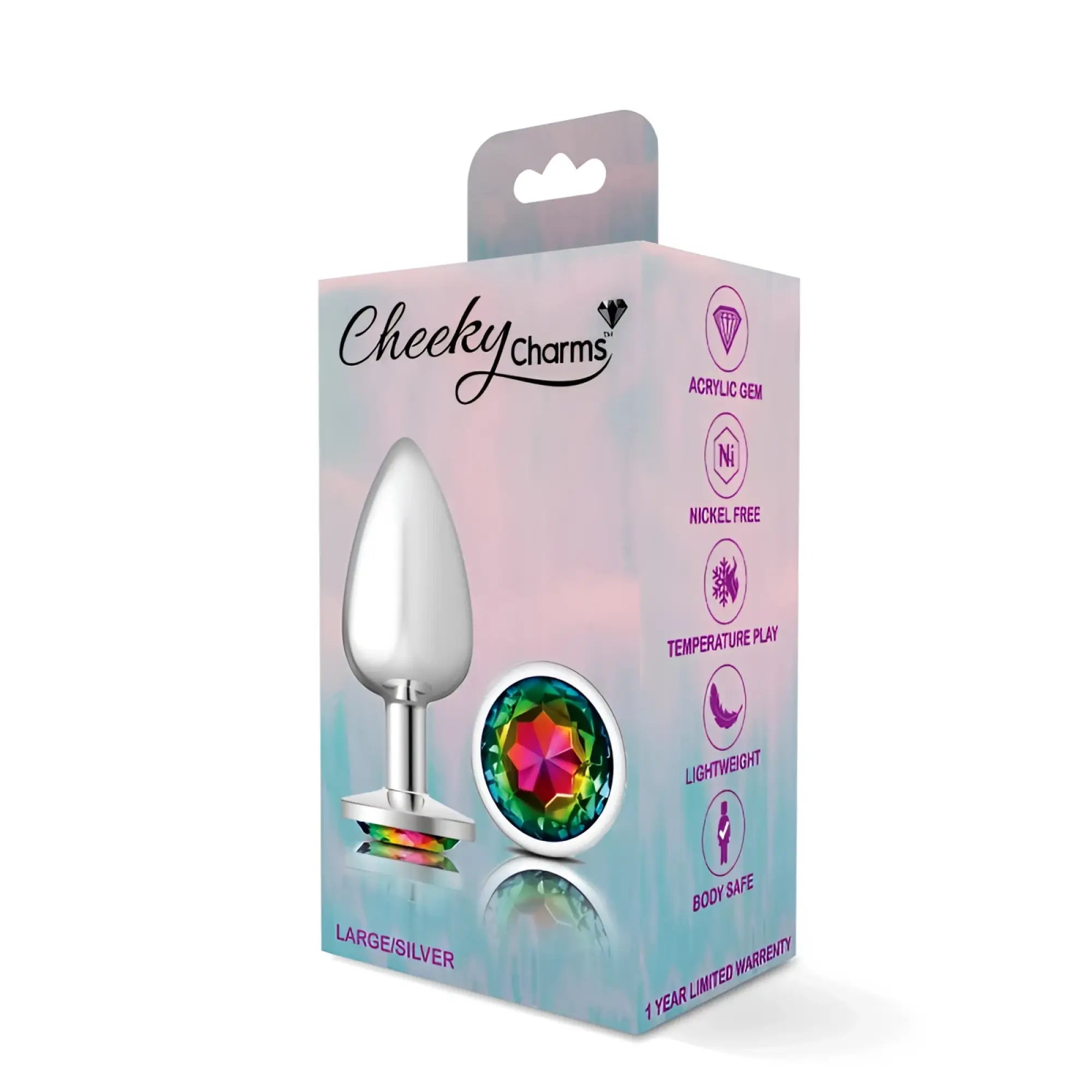 Cheeky Charms silver round large acrylic butt plug with colorful faceted rainbow jewel design