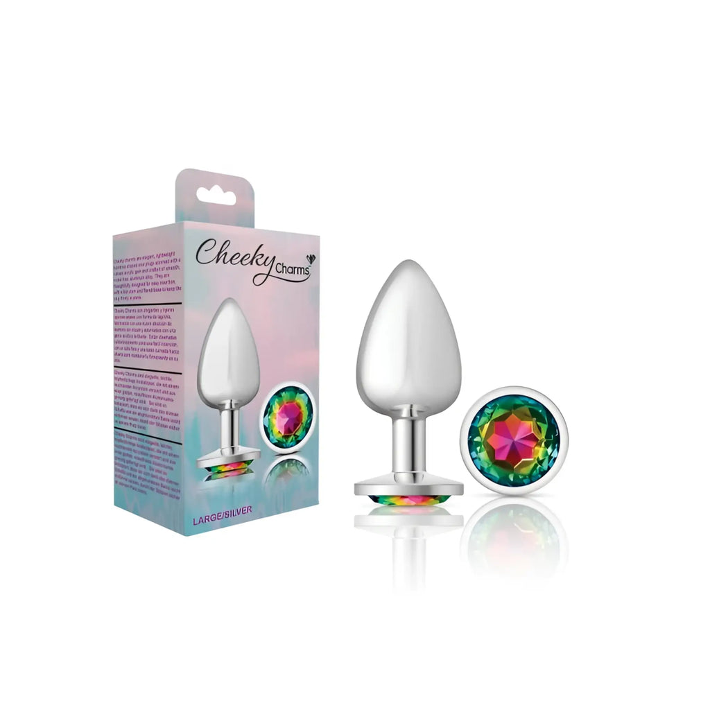 Silver cheeky charms large round butt plug with rainbow gemstone cap made of polished metal for anal use