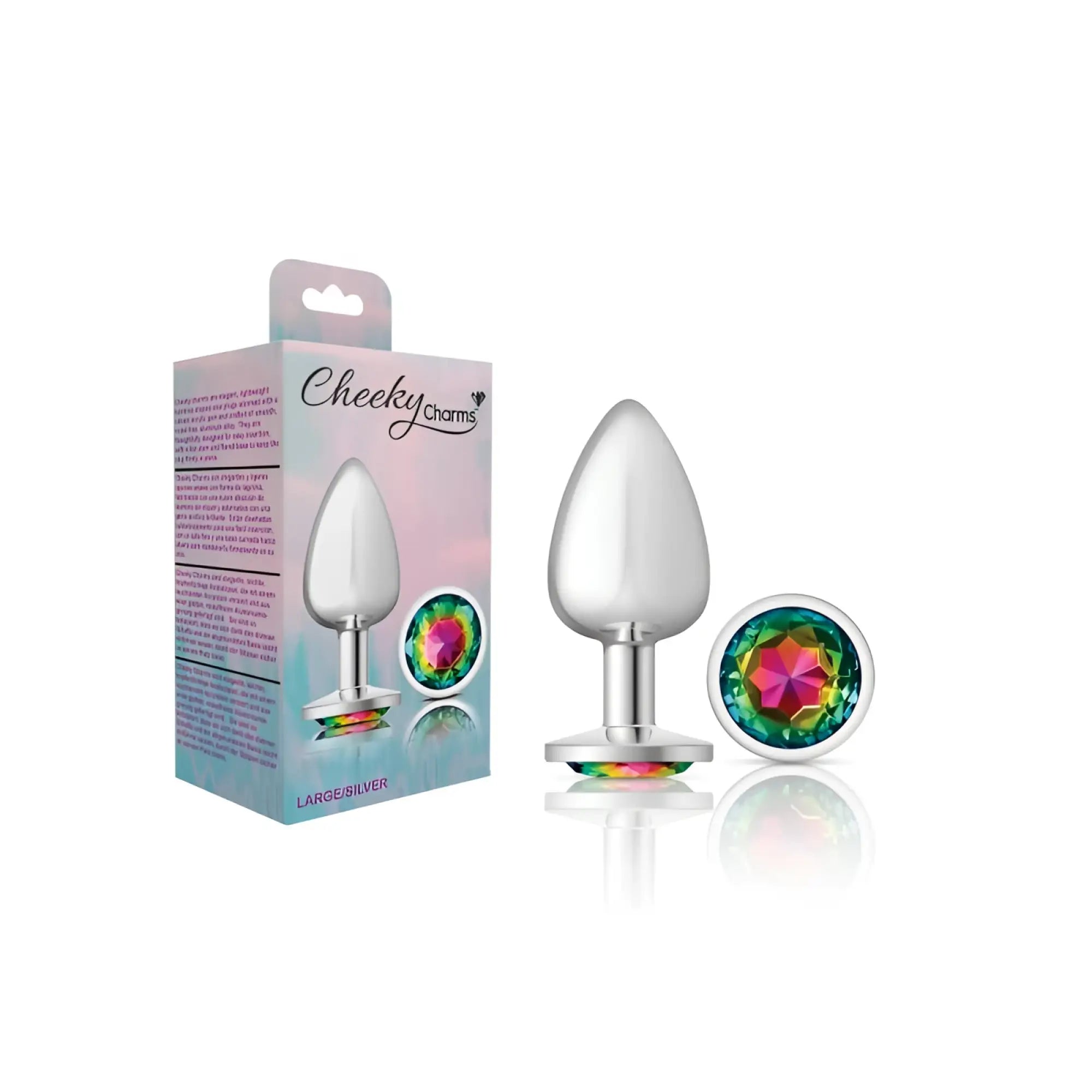 Silver cheeky charms large round butt plug with rainbow gemstone cap made of polished metal for anal use