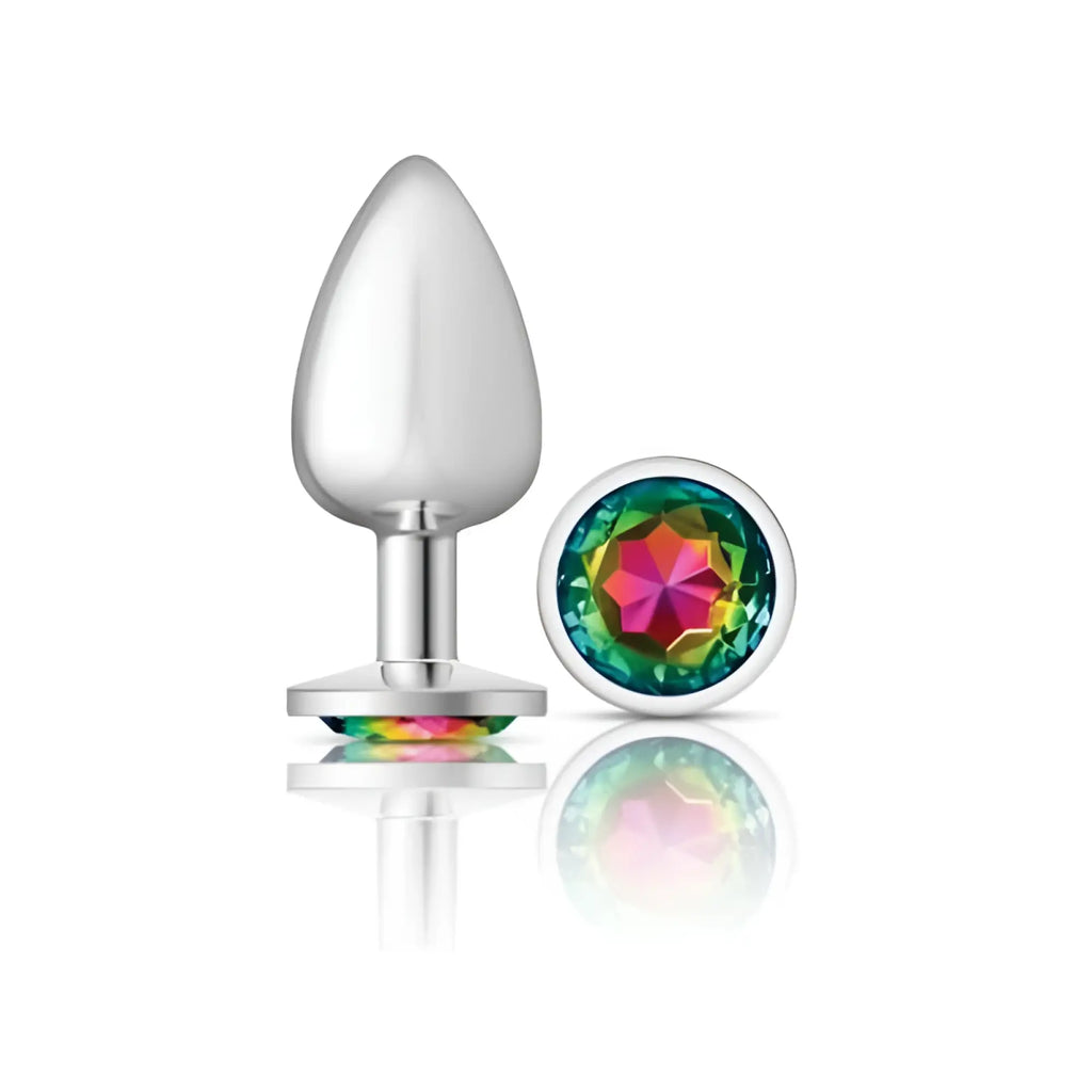 Silver-plated large butt plug with a faceted rainbow-colored gemstone cap from Cheeky Charms