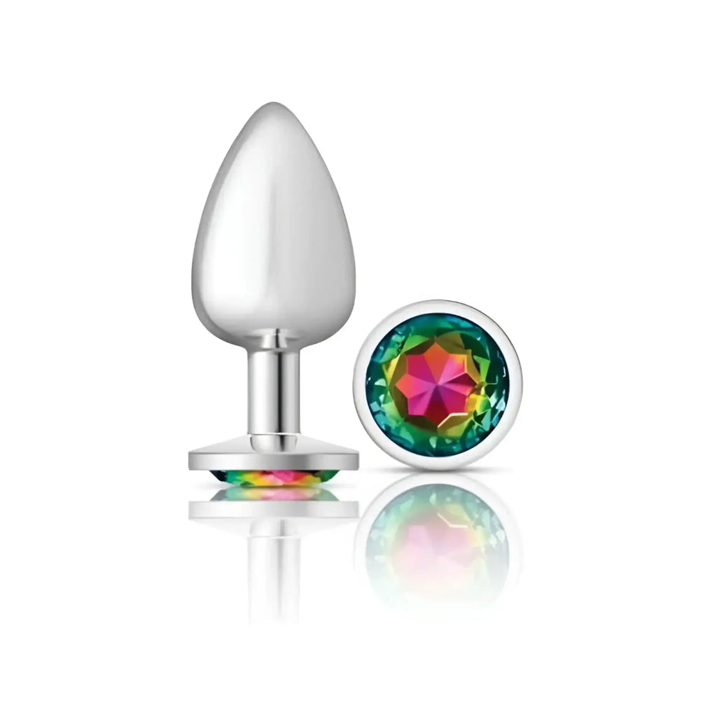 Silver-plated large butt plug with a faceted rainbow-colored gemstone cap from Cheeky Charms