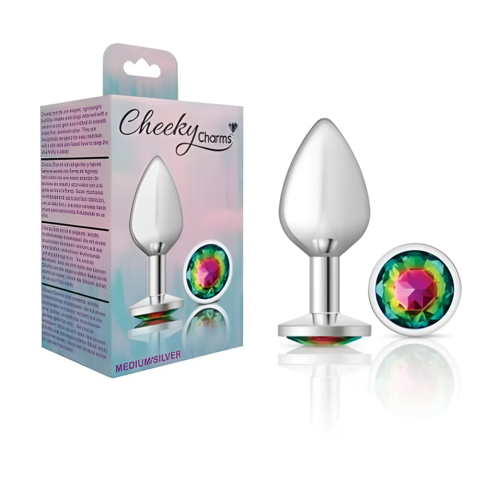 Cheeky Charms silver round medium anal plug with silver plating and rainbow-colored faceted gemstone cap