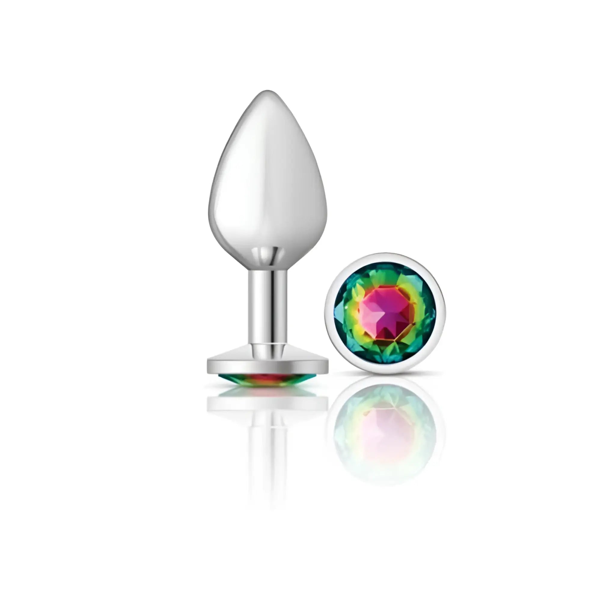 Silver-plated medium butt plug with a rainbow-colored faceted gemstone cap from cheeky charms collection