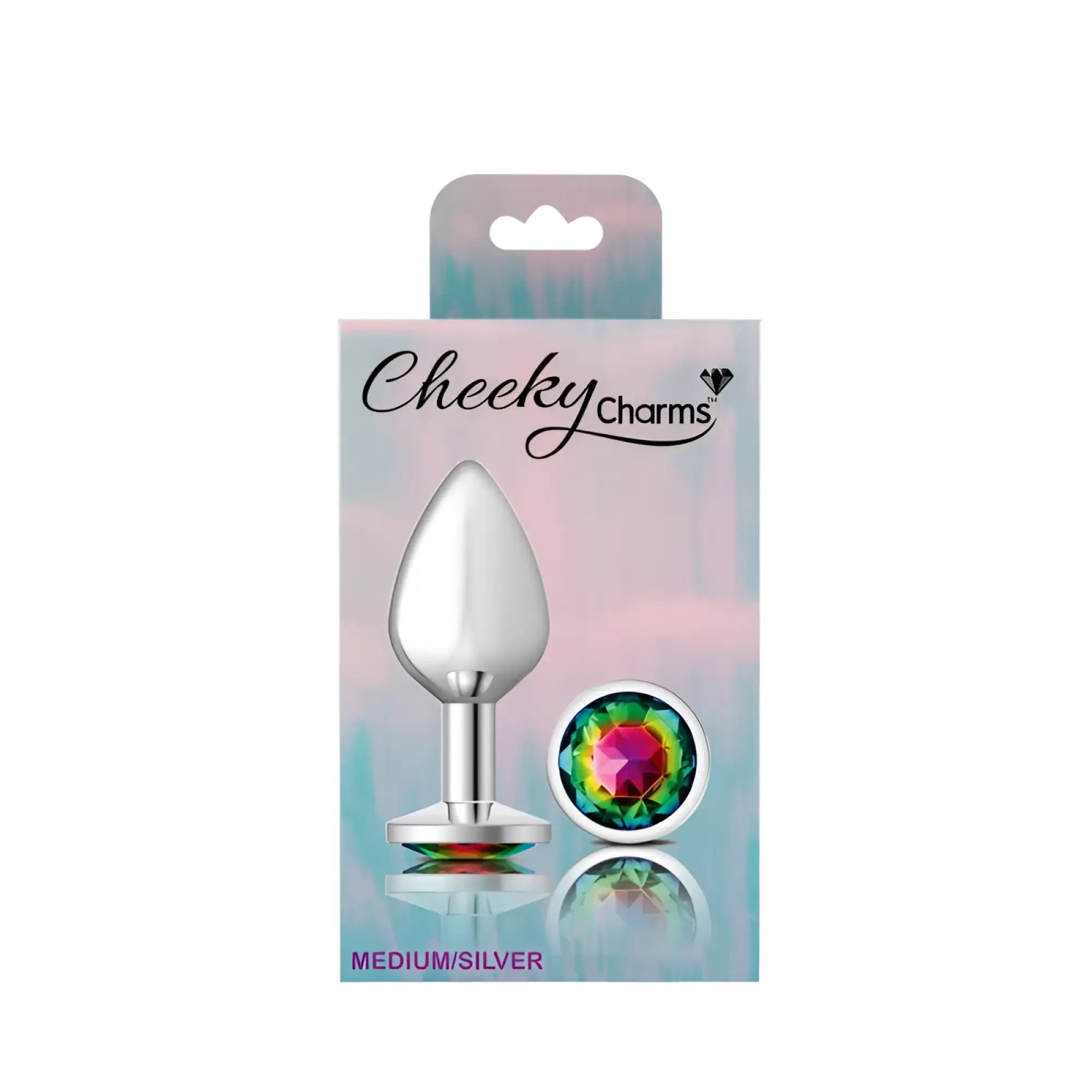 Silver medium anal plug with faceted rainbow gemstone cap by Cheeky Charms for stylish intimate use