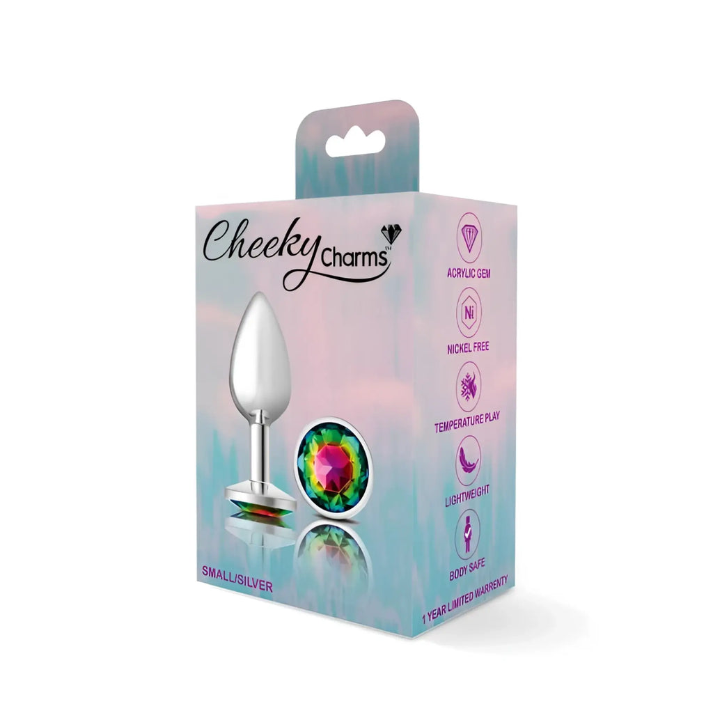 Silver metallic cheeky charms small anal plug with colorful faceted acrylic rainbow jewel in round shape