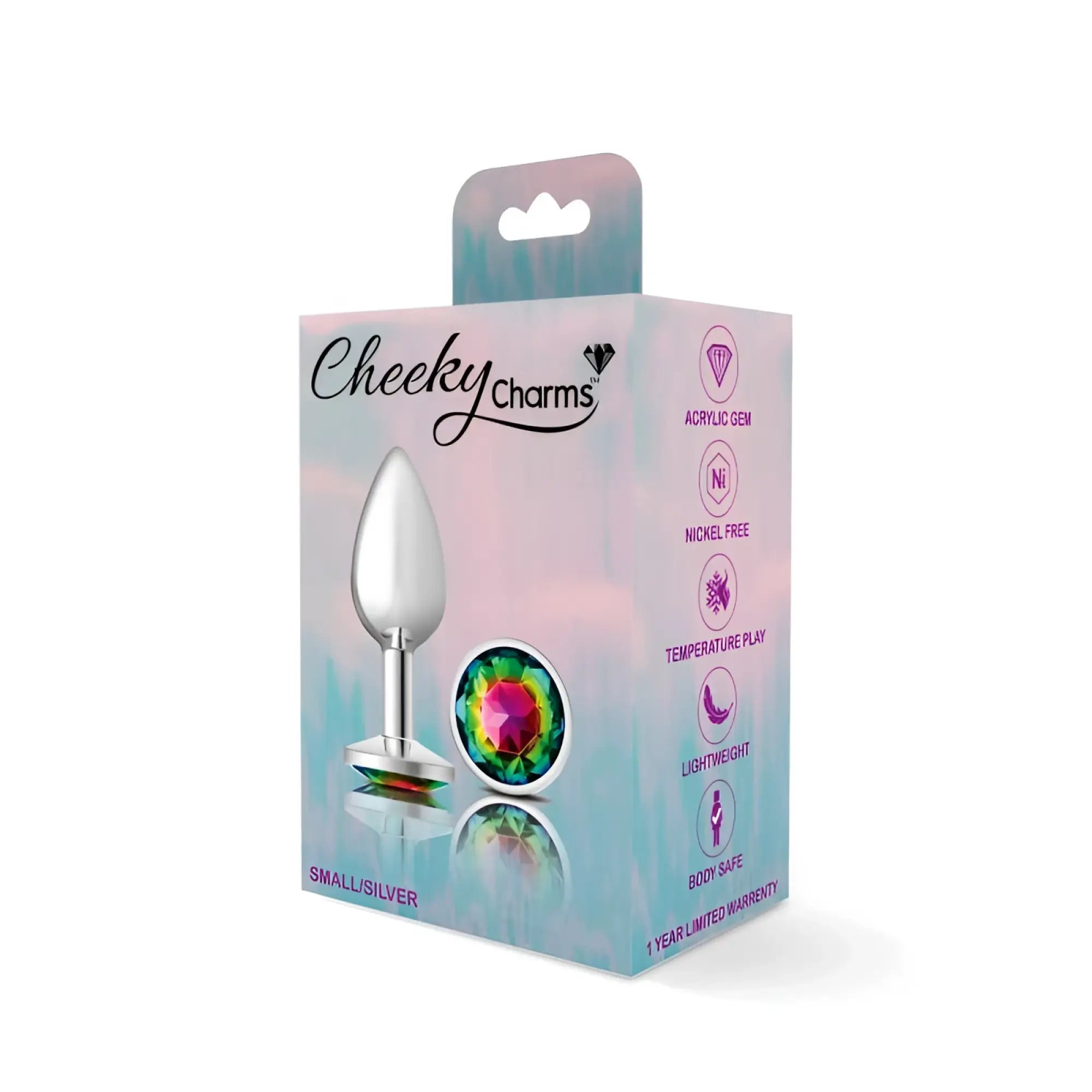 Silver metallic cheeky charms small anal plug with colorful faceted acrylic rainbow jewel in round shape