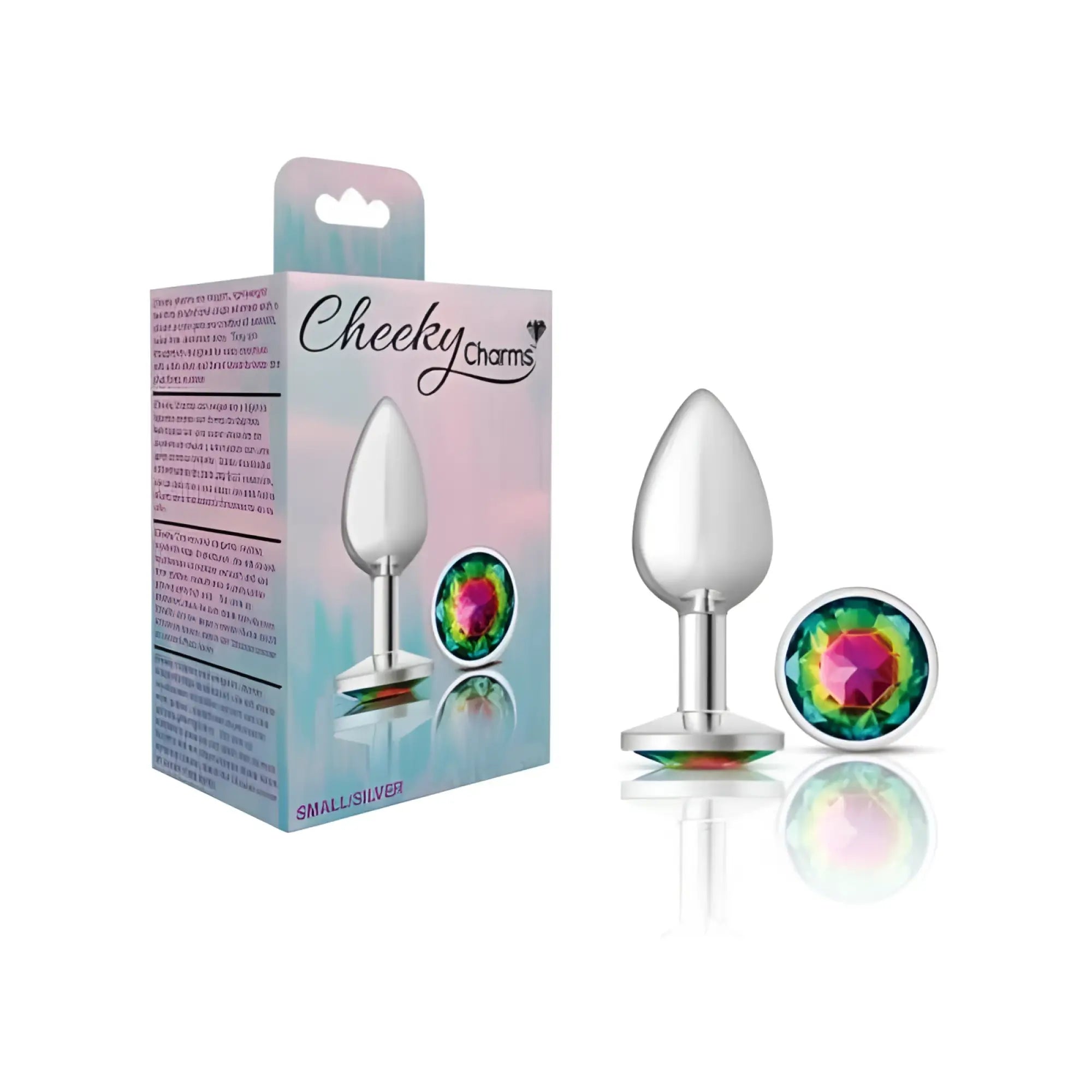 Silver-plated small butt plug with rainbow-colored gemstone cap from Cheeky Charms featuring a round design