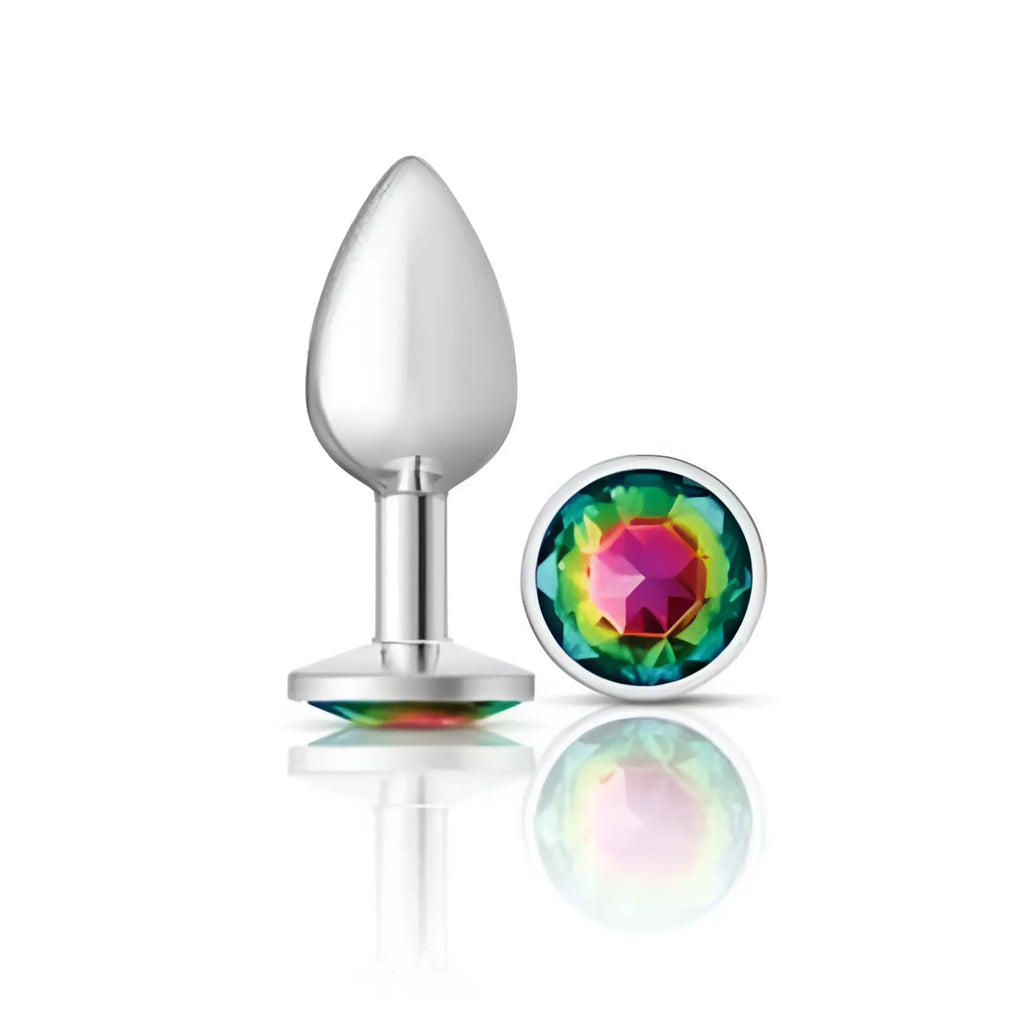 Cheeky charms silver round butt plug with rainbow jewel small silver plated faceted gemstone head
