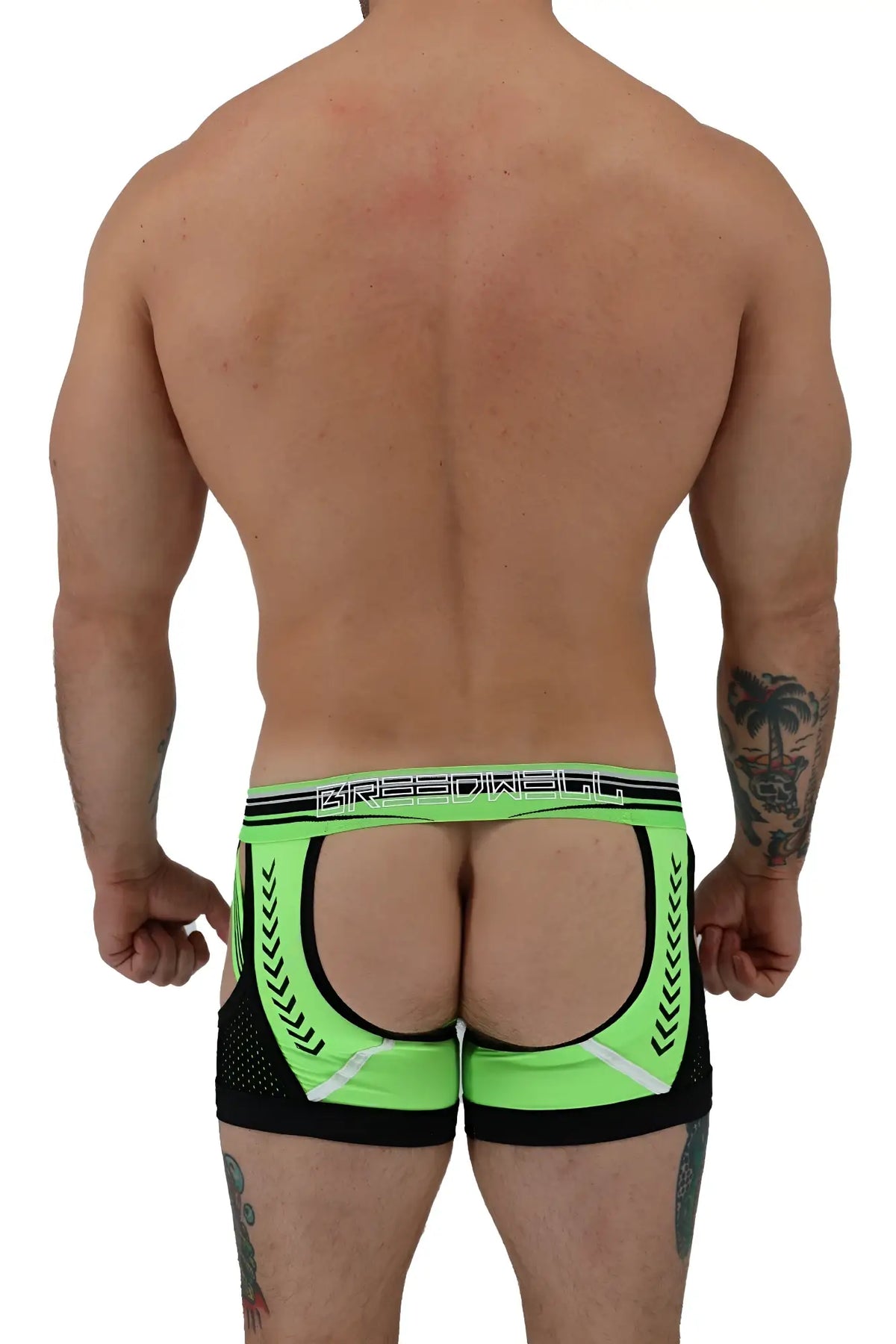 Neon green and black Circuit Breaker Chock athletic briefs with a cutout back design for active wear