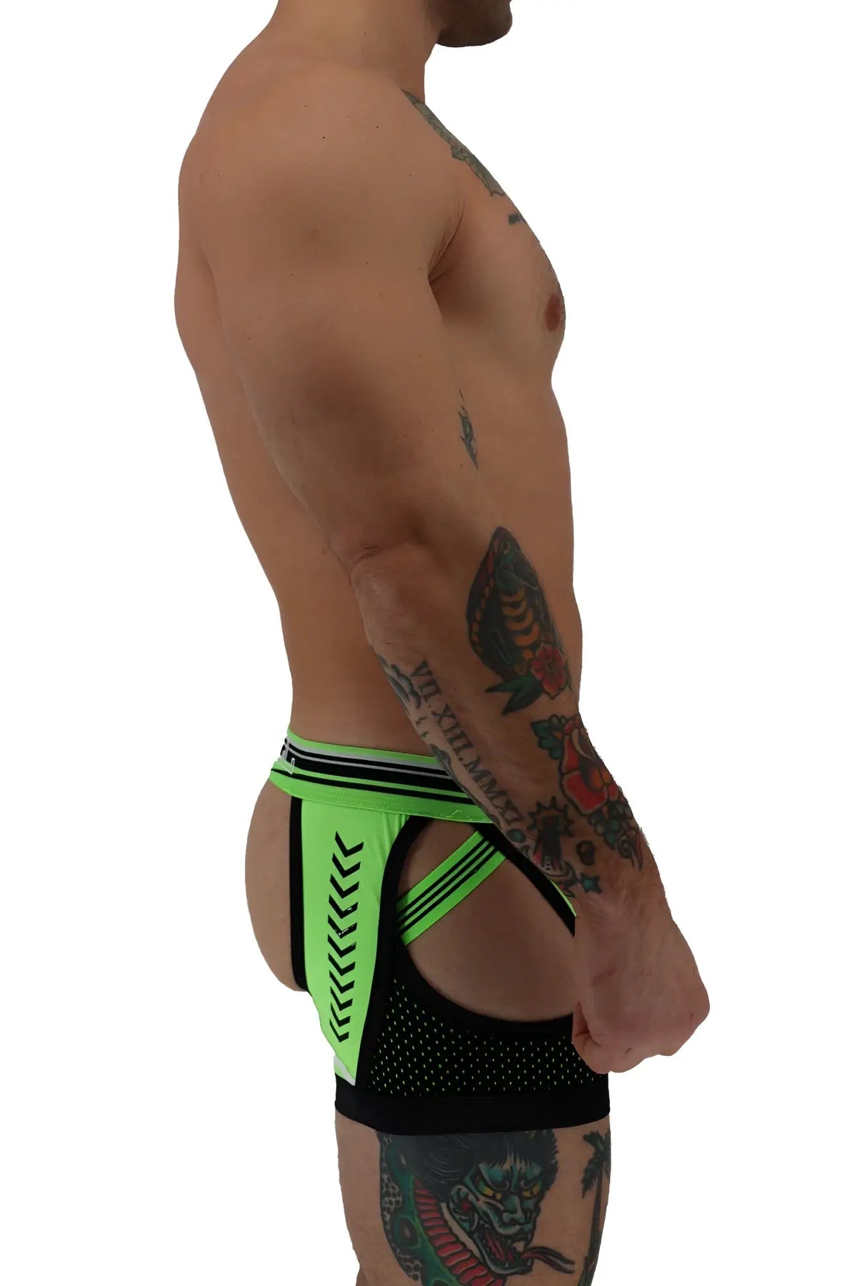 Neon green and black circuit breaker chock briefs with mesh panel and bold chevron stripes in a sleek athletic style