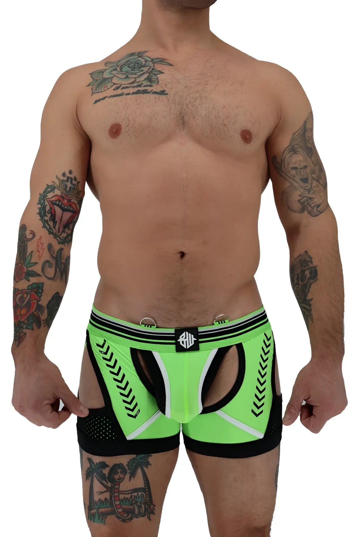 Neon green and black athletic briefs with white chevron patterns and a central logo band from circuit breaker chock