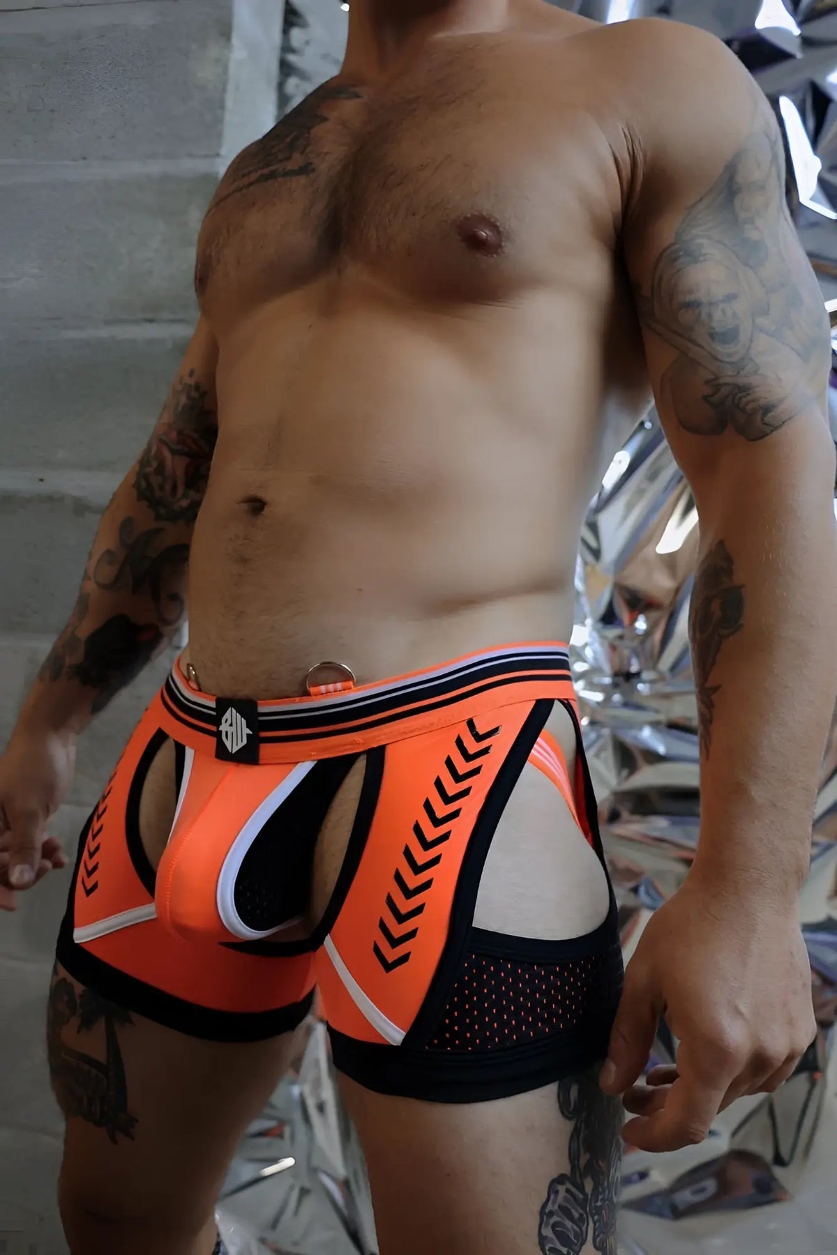 Circuit breaker chock orange and black athletic briefs with white trim bold chevron sides and mesh ventilation panels