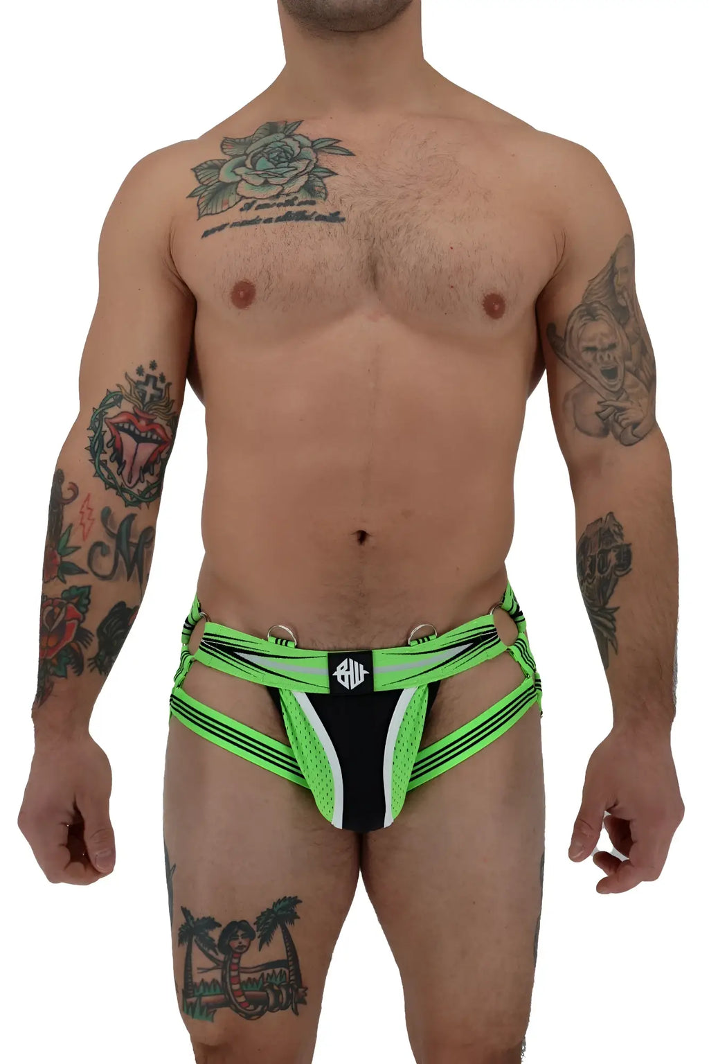Circuit breaker jock neon green and black mesh athletic briefs with bold strappy design shown from the back side