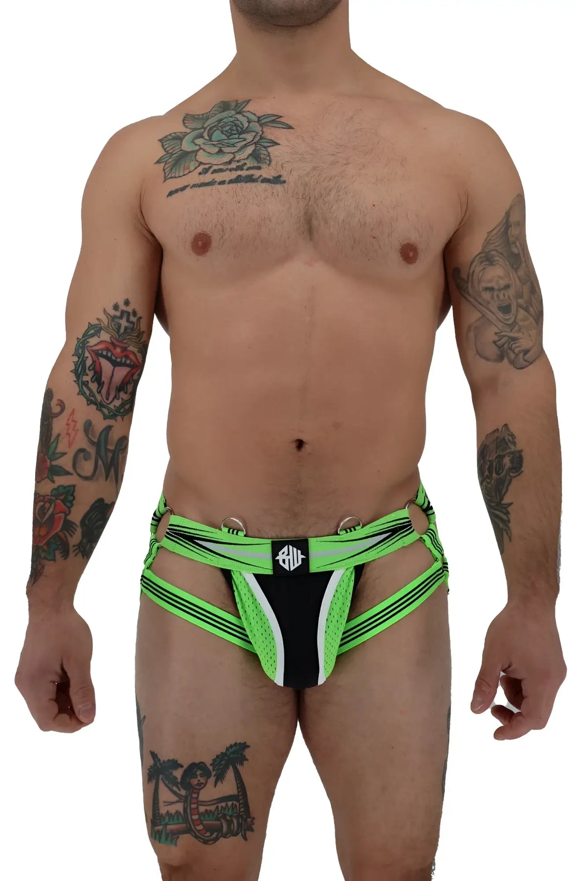 Circuit breaker jock neon green and black mesh athletic briefs with bold strappy design shown from the back side