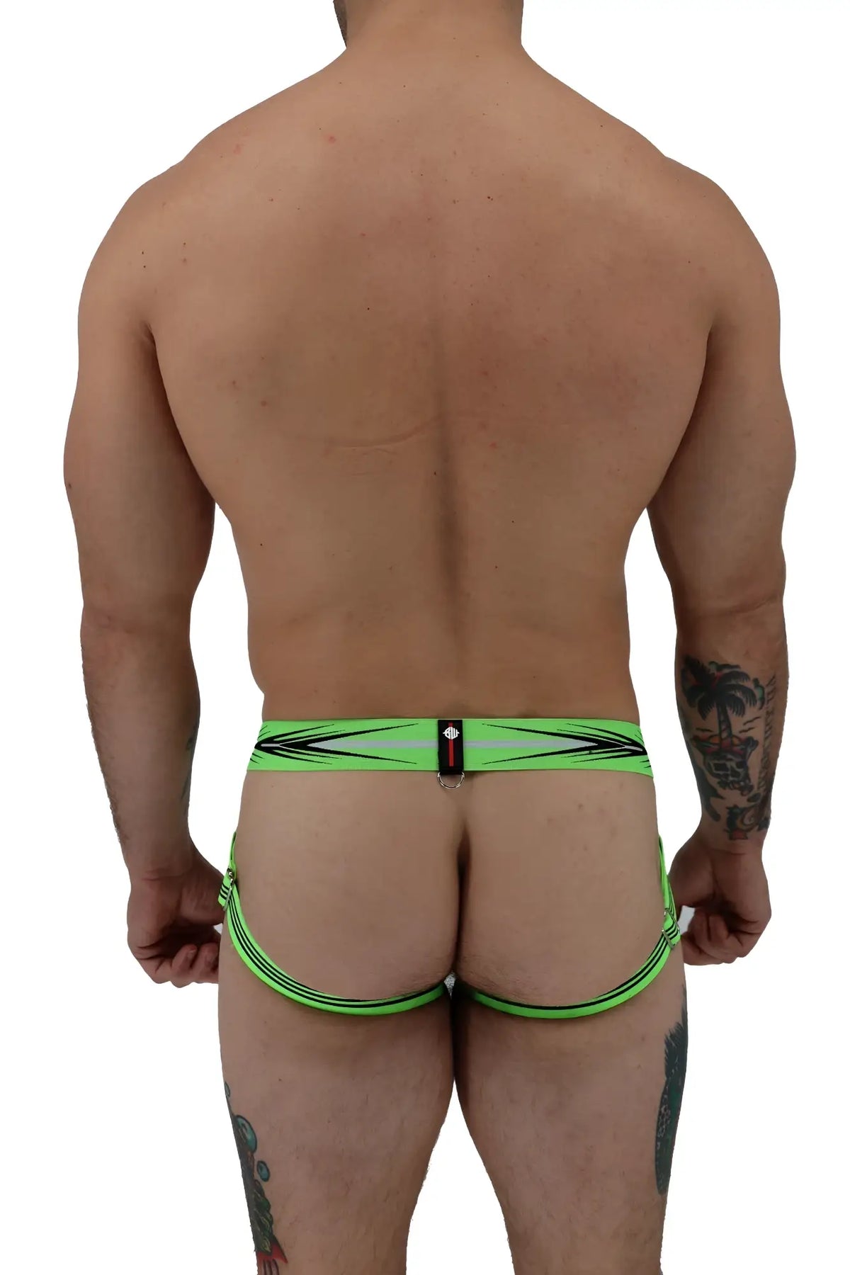 Neon green and black striped athletic briefs with a central metallic buckle detail named circuit breaker jock